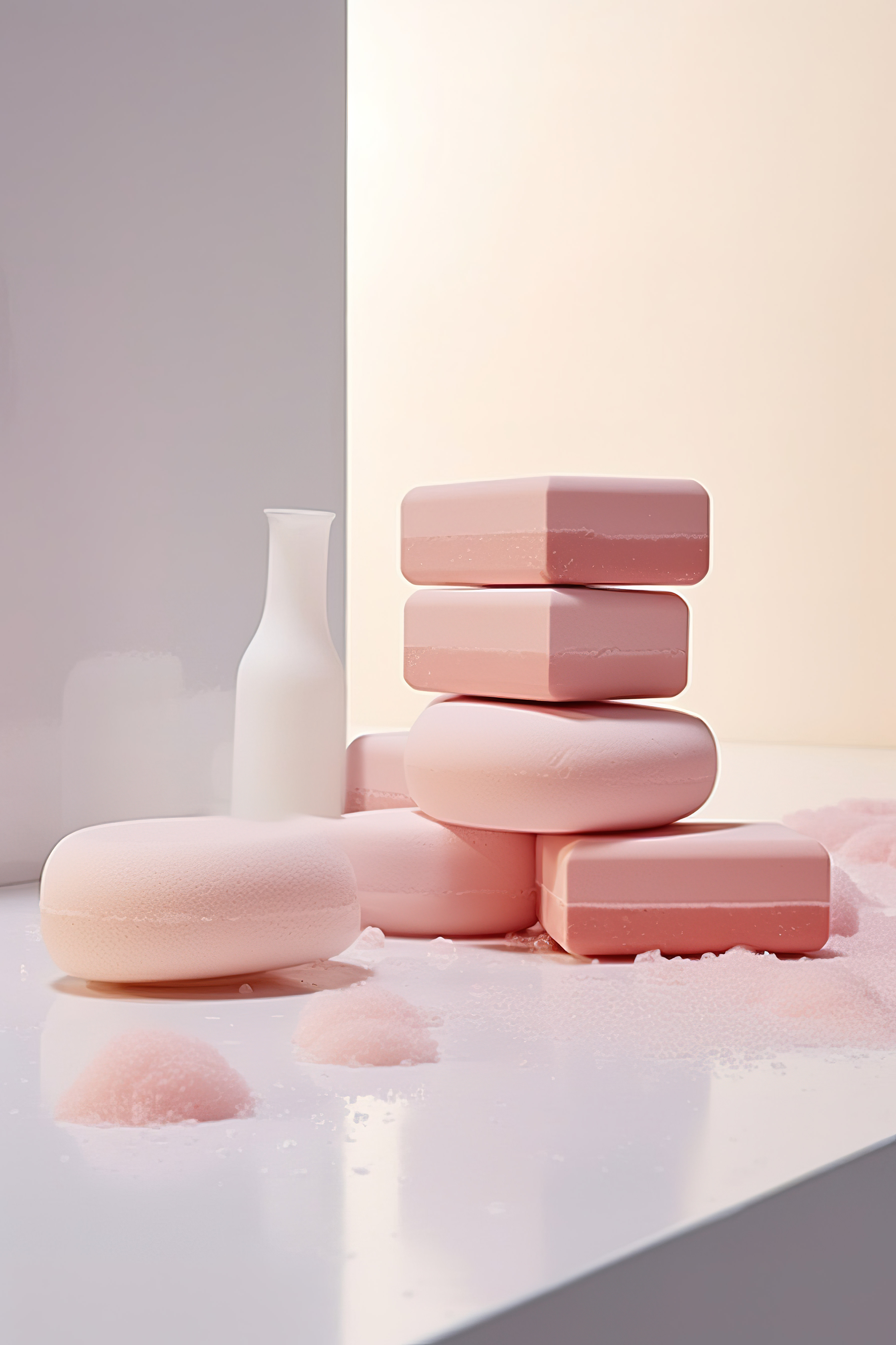 白色瓷砖地板上的海绵和肥皂，带有粉色泡沫图片