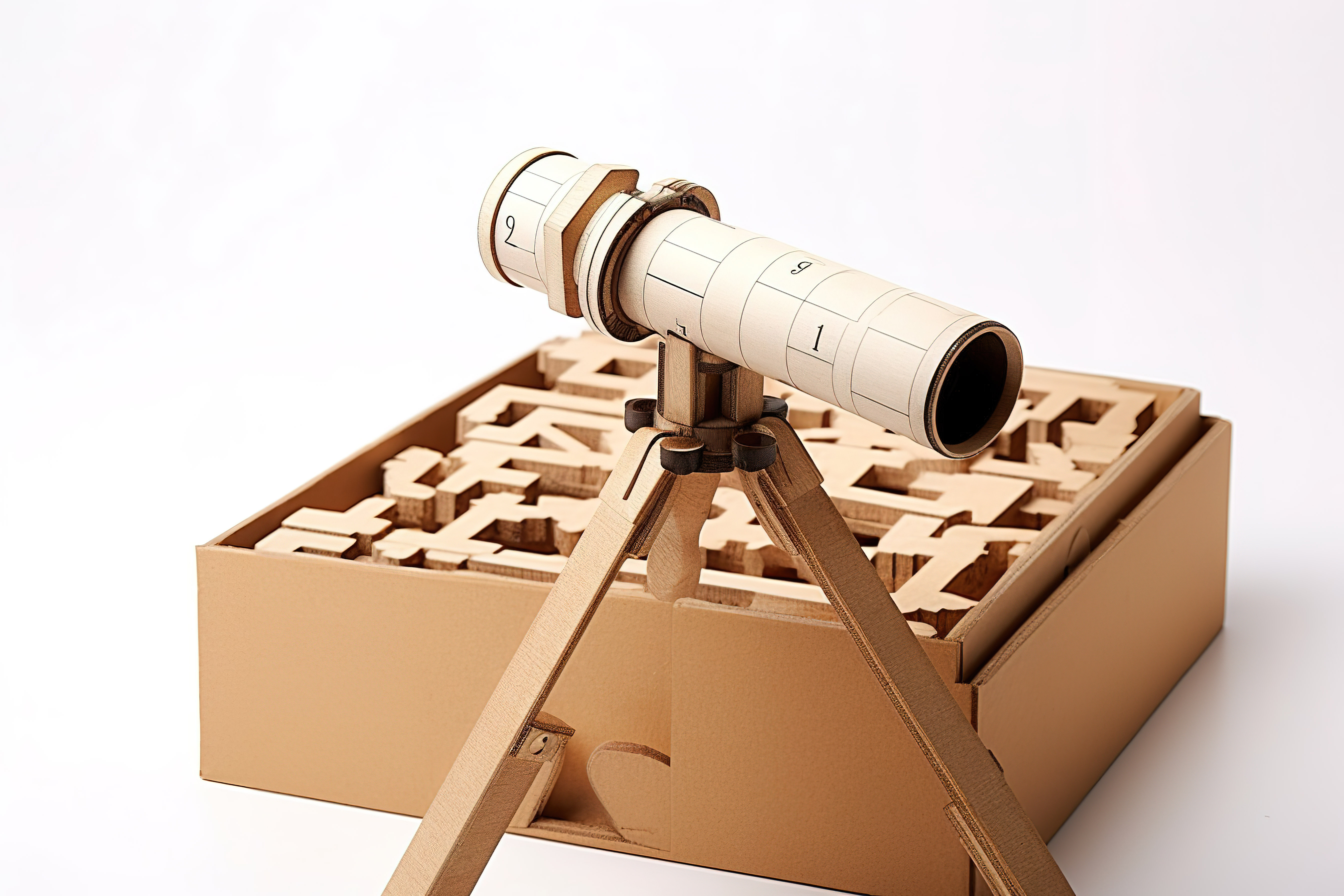一个望远镜放在一个有数字的盒子里图片