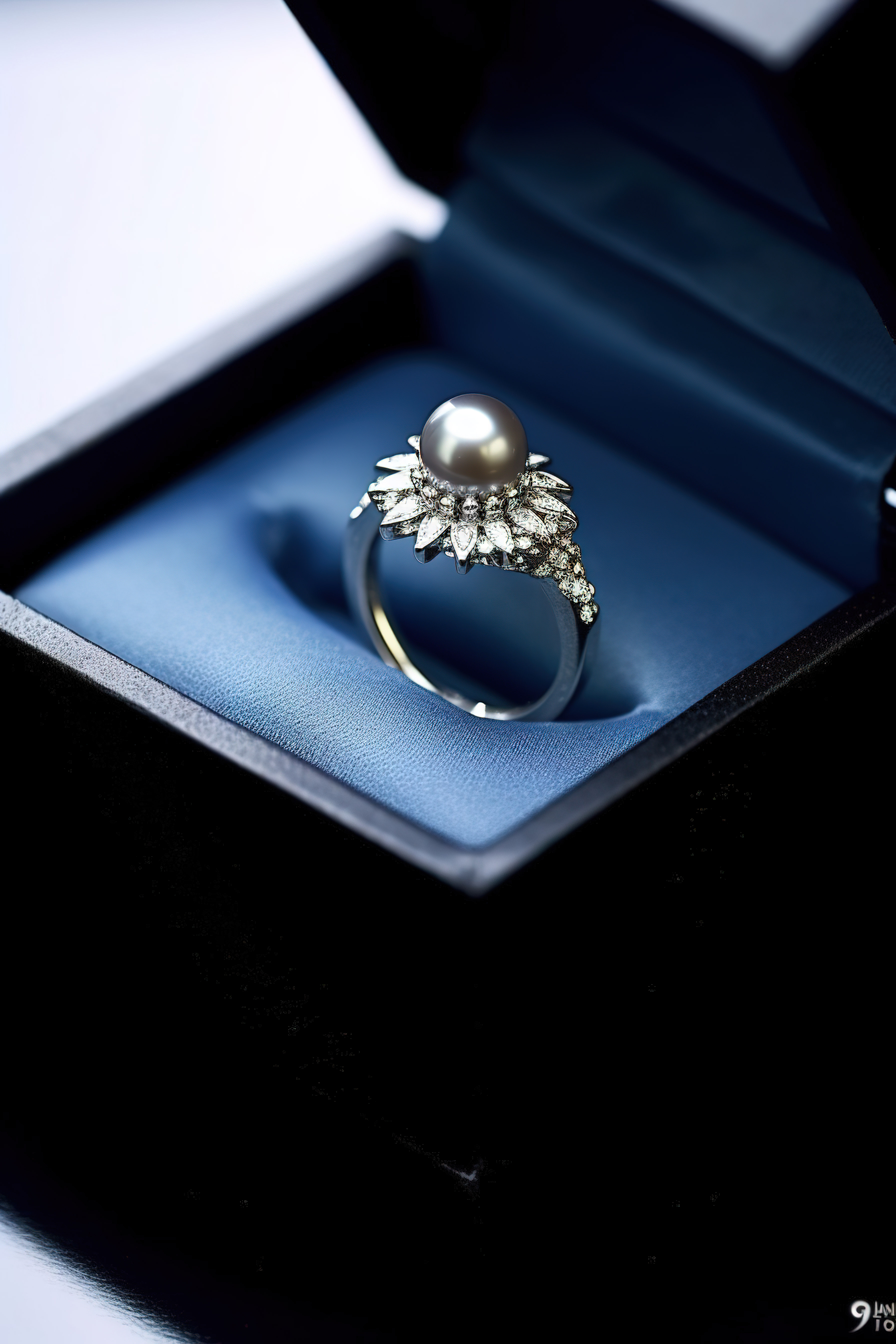 蓝色礼盒中优雅的黑珍珠戒指图片