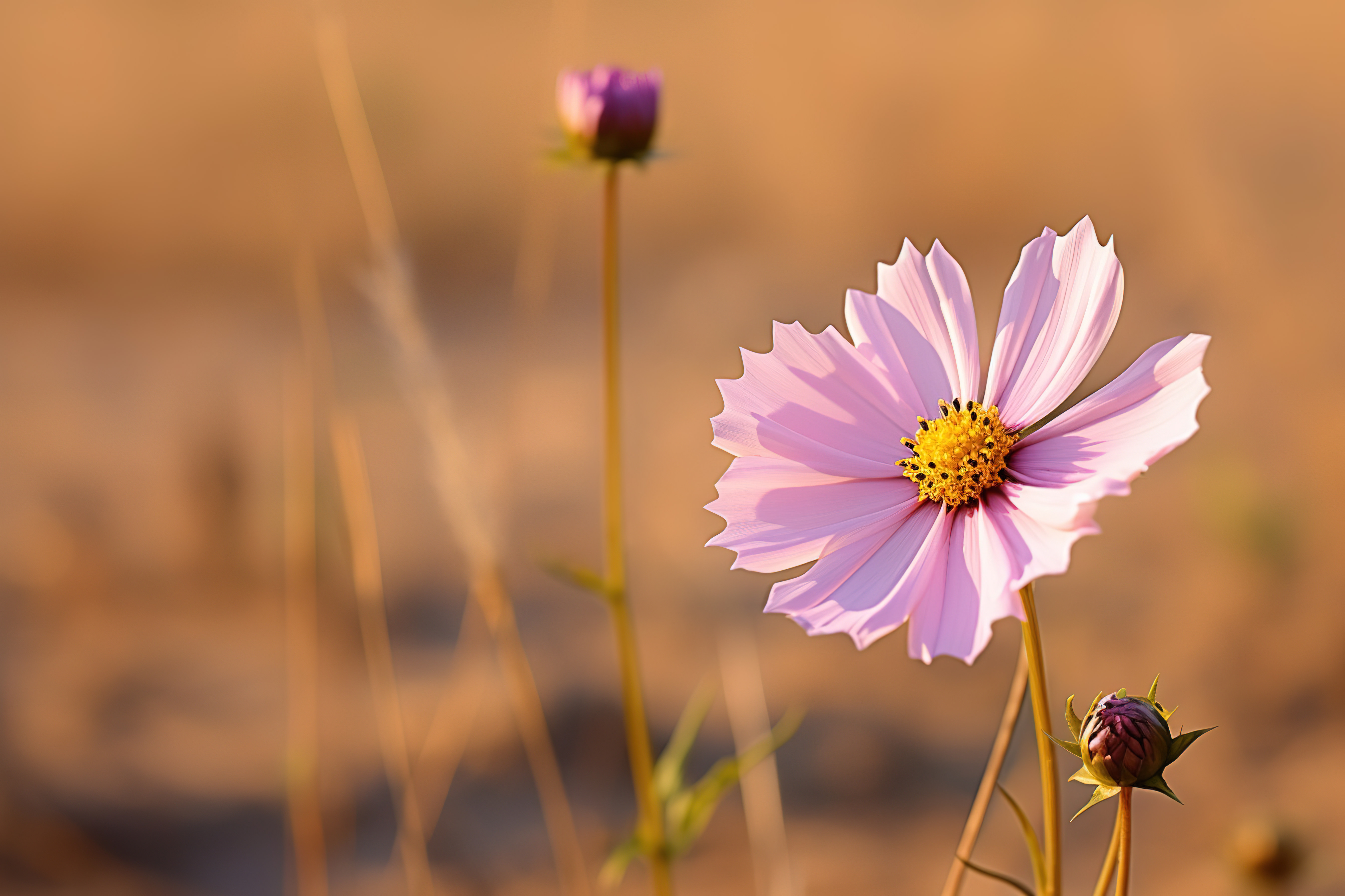 一朵粉红色的花矗立在棕色的田野前图片