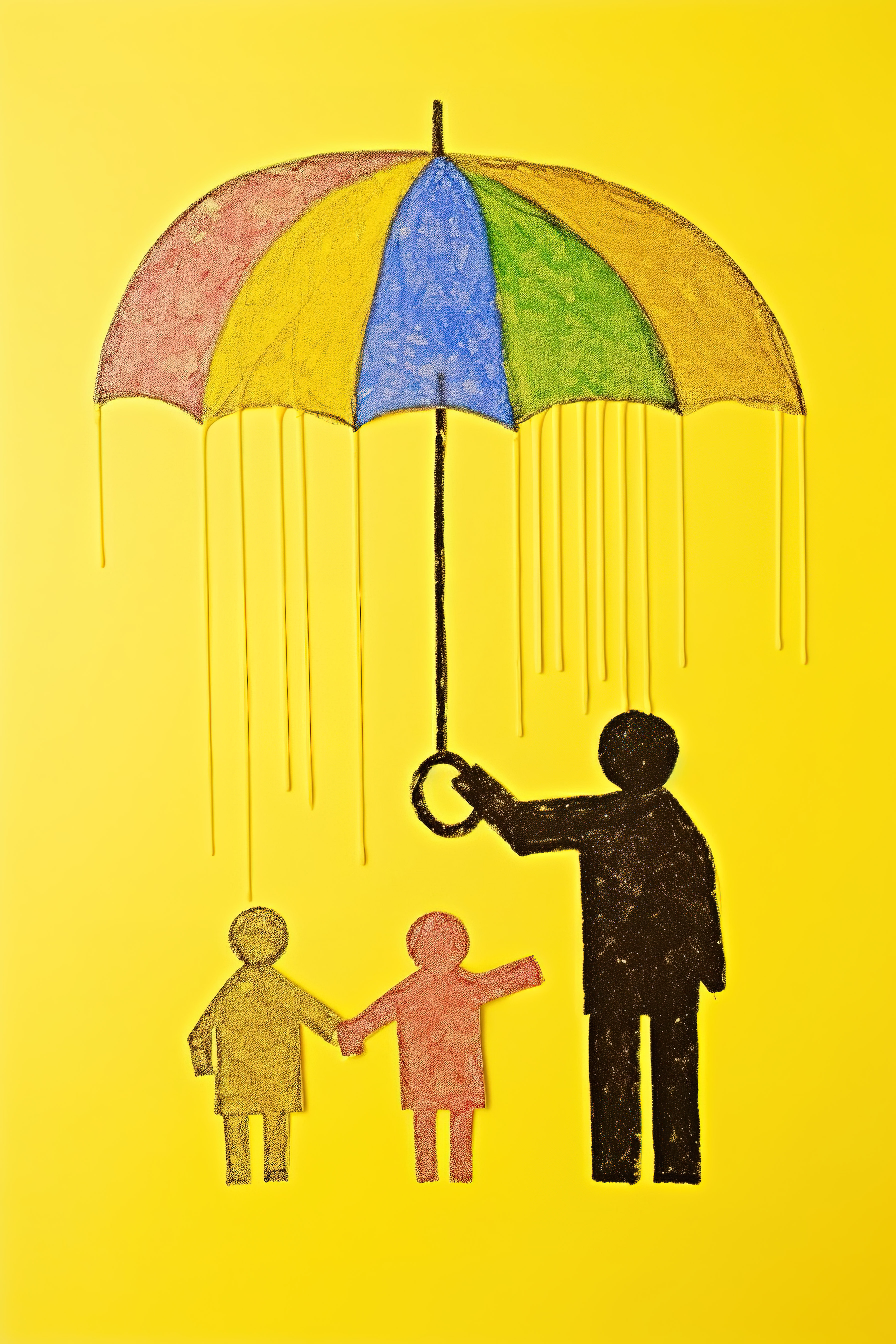 孩子们用黄纸画的伞下的家庭图片