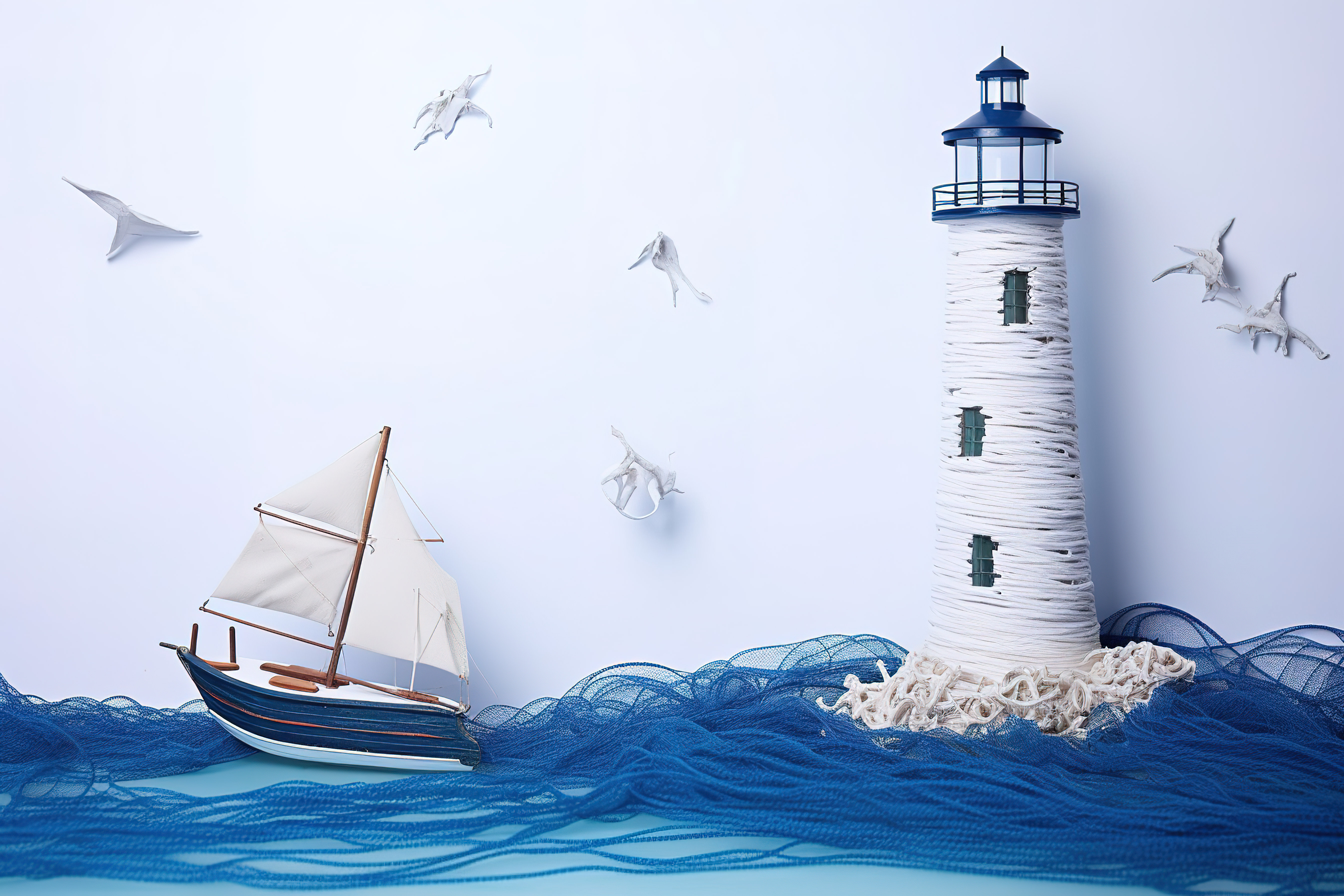 蓝色的大海，有灯塔和网上的船 灯塔和网上的船图片