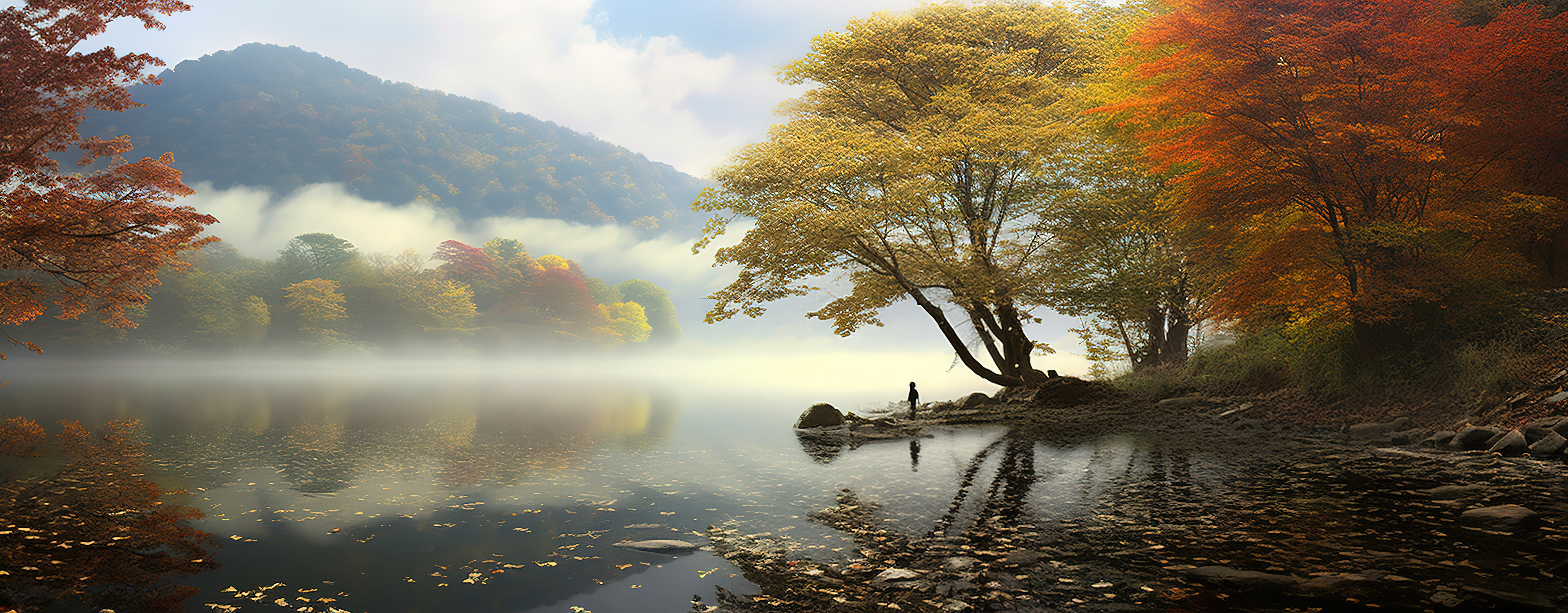秋叶，云雾缭绕，坐在水边的树后图片