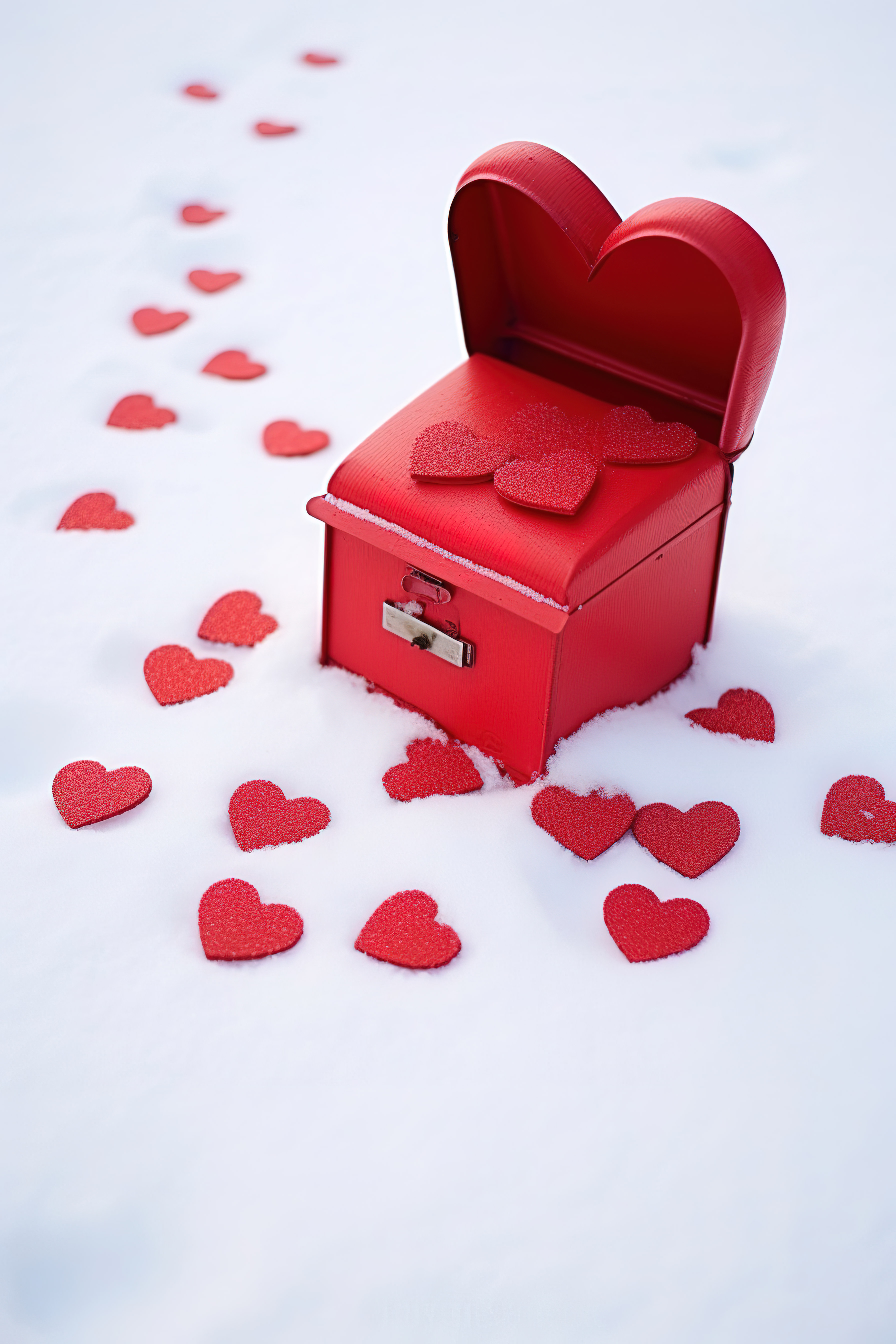 情人节是一个红色盒子，在雪地里展示一颗红心图片