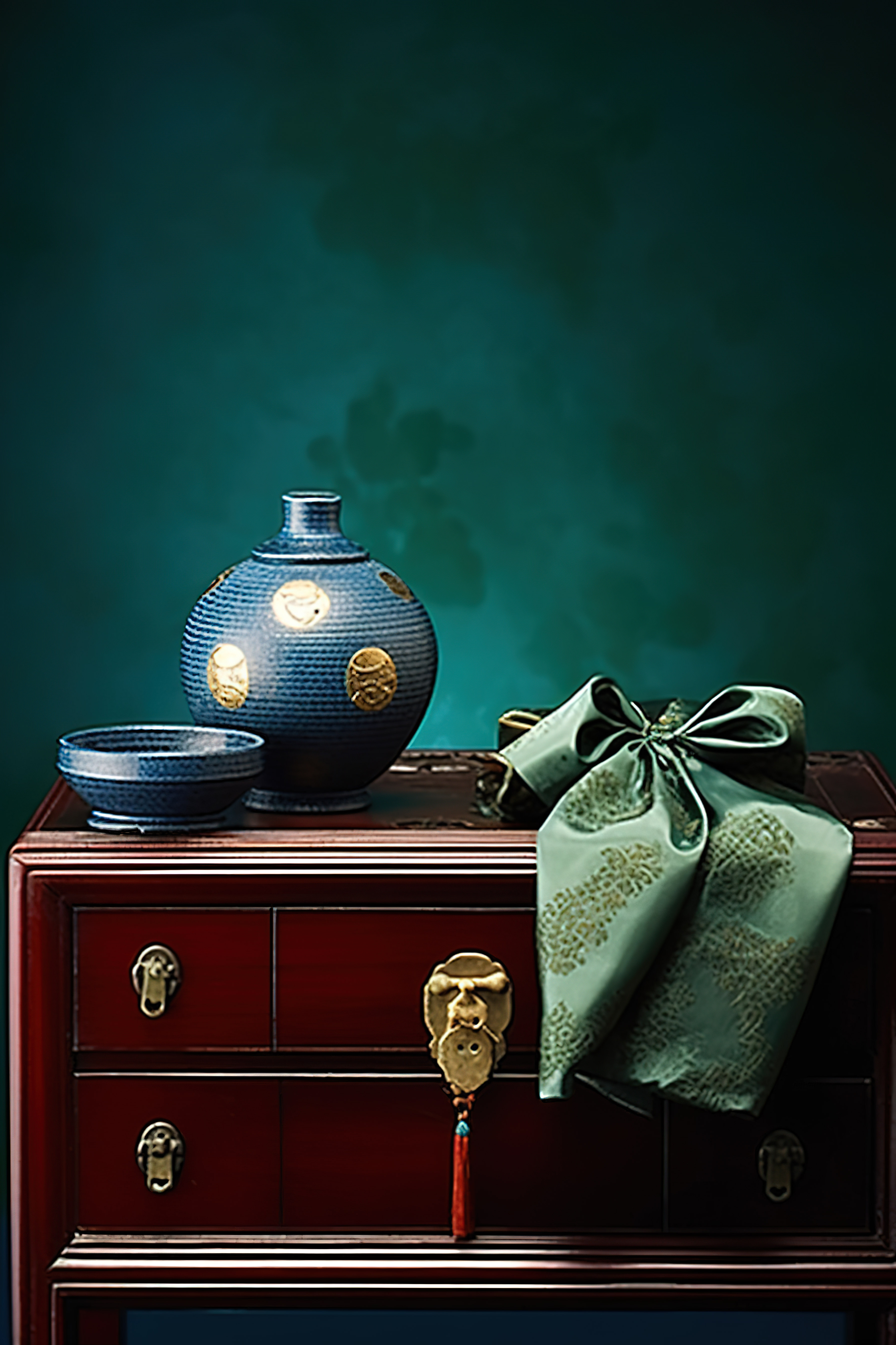 中式抽屉柜，配有礼物和小花瓶图片
