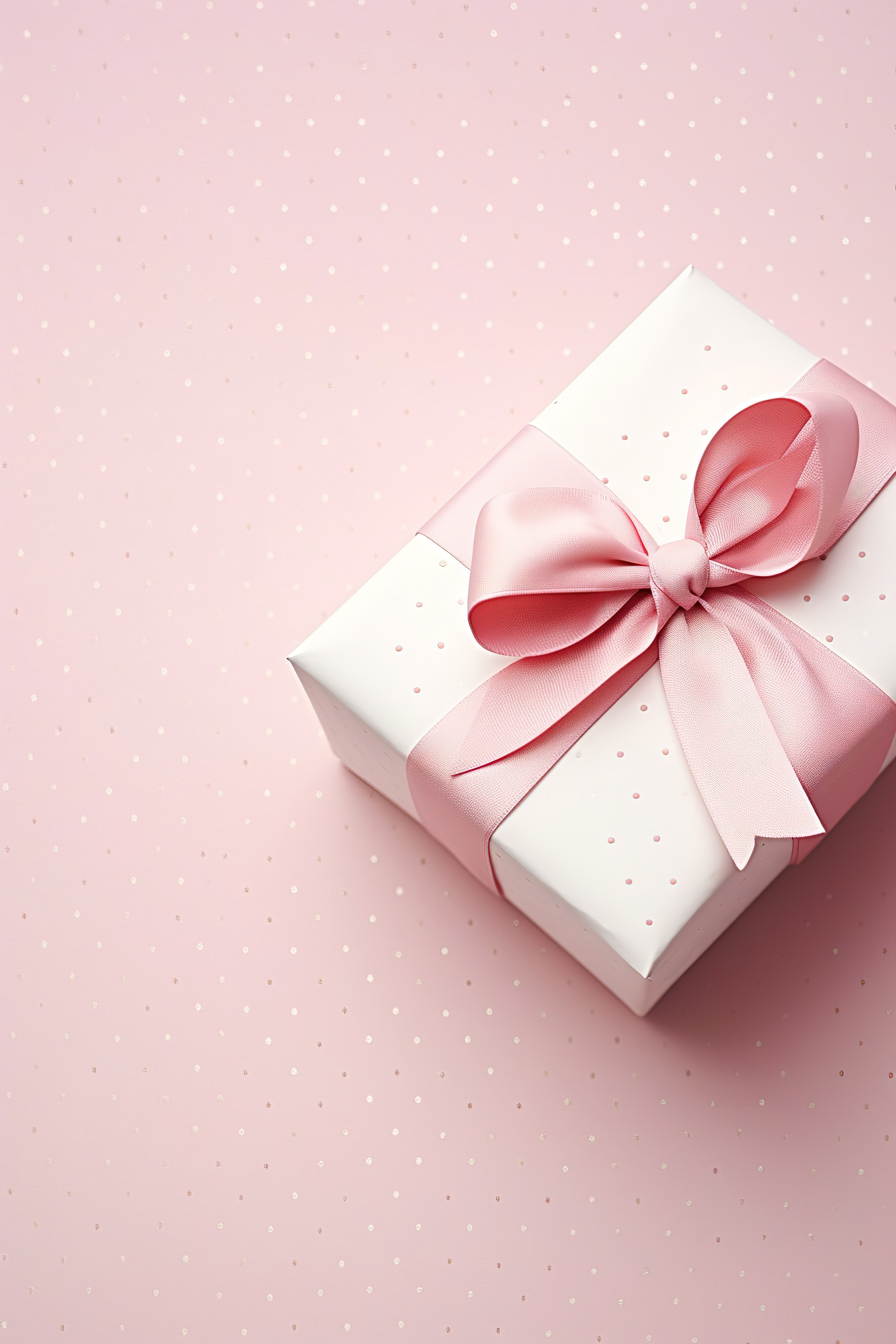 一个带有粉色蝴蝶结和白色丝带的白色盒子图片