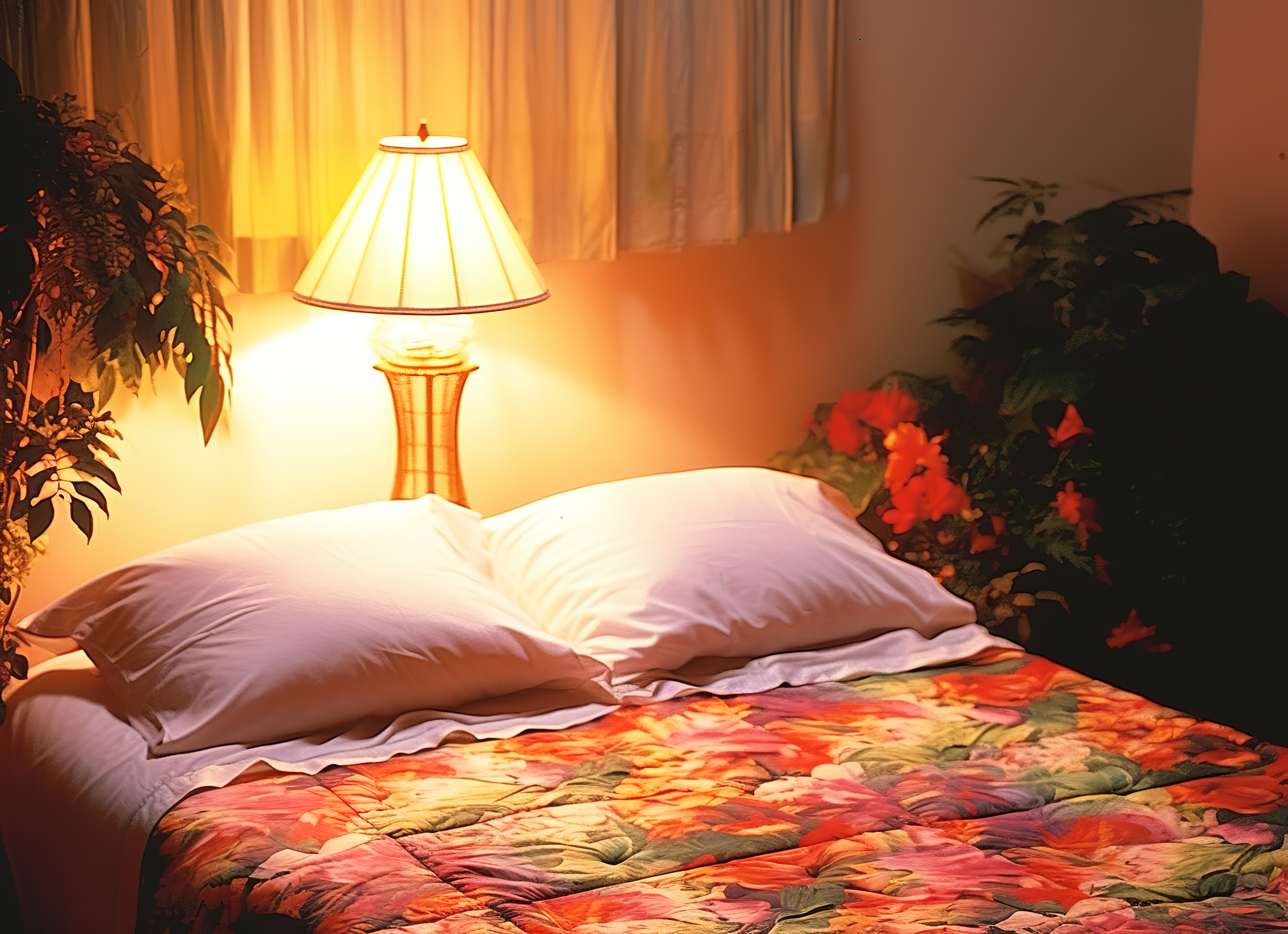 一张床，配有红色被子和白色床上用品 床头灯图片