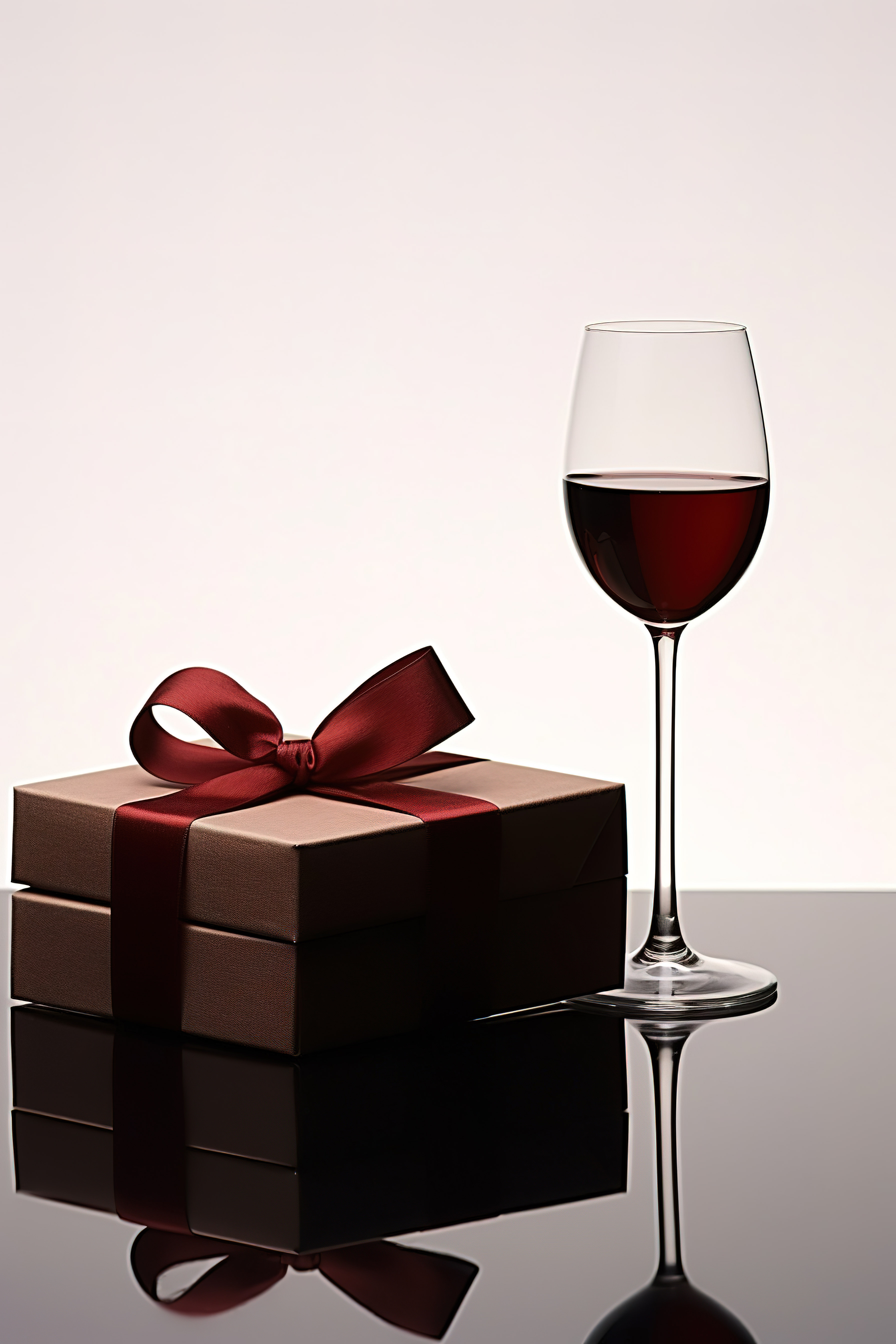 巧克力礼盒，配有一杯酒和红色蝴蝶结图片