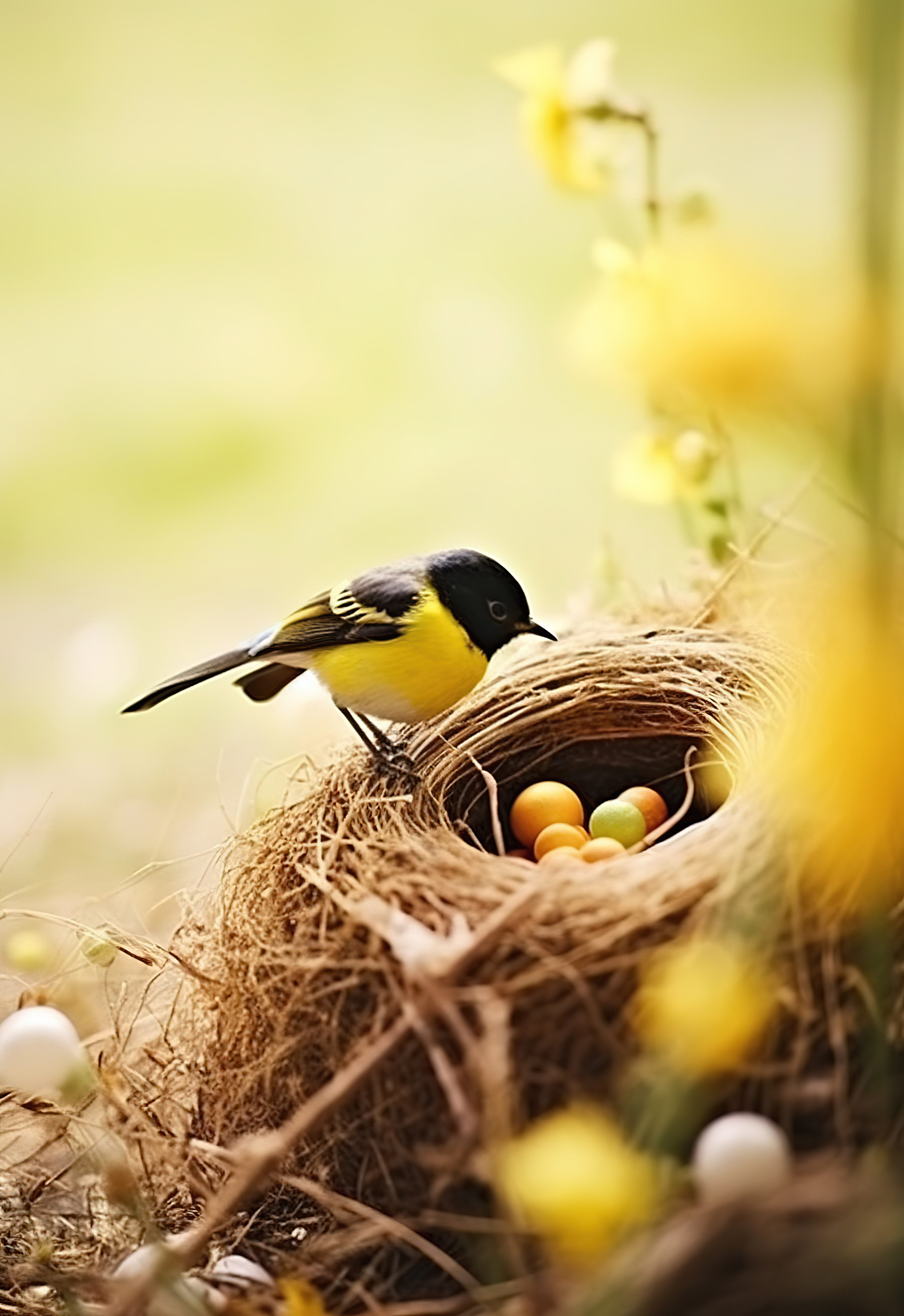 黄色和黑色的鸟坐在巢中图片