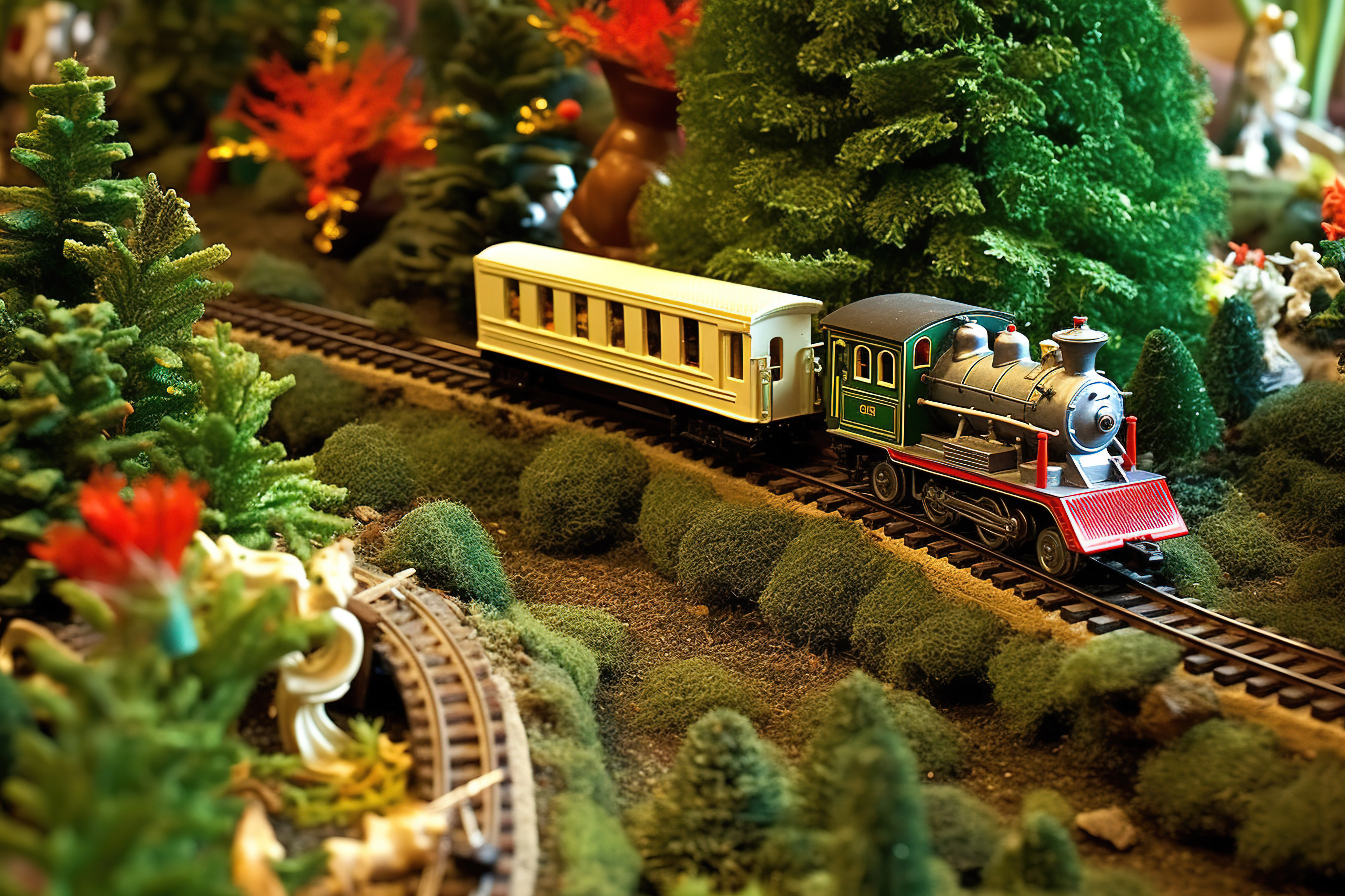 圣诞火车在模型铁路上行驶图片