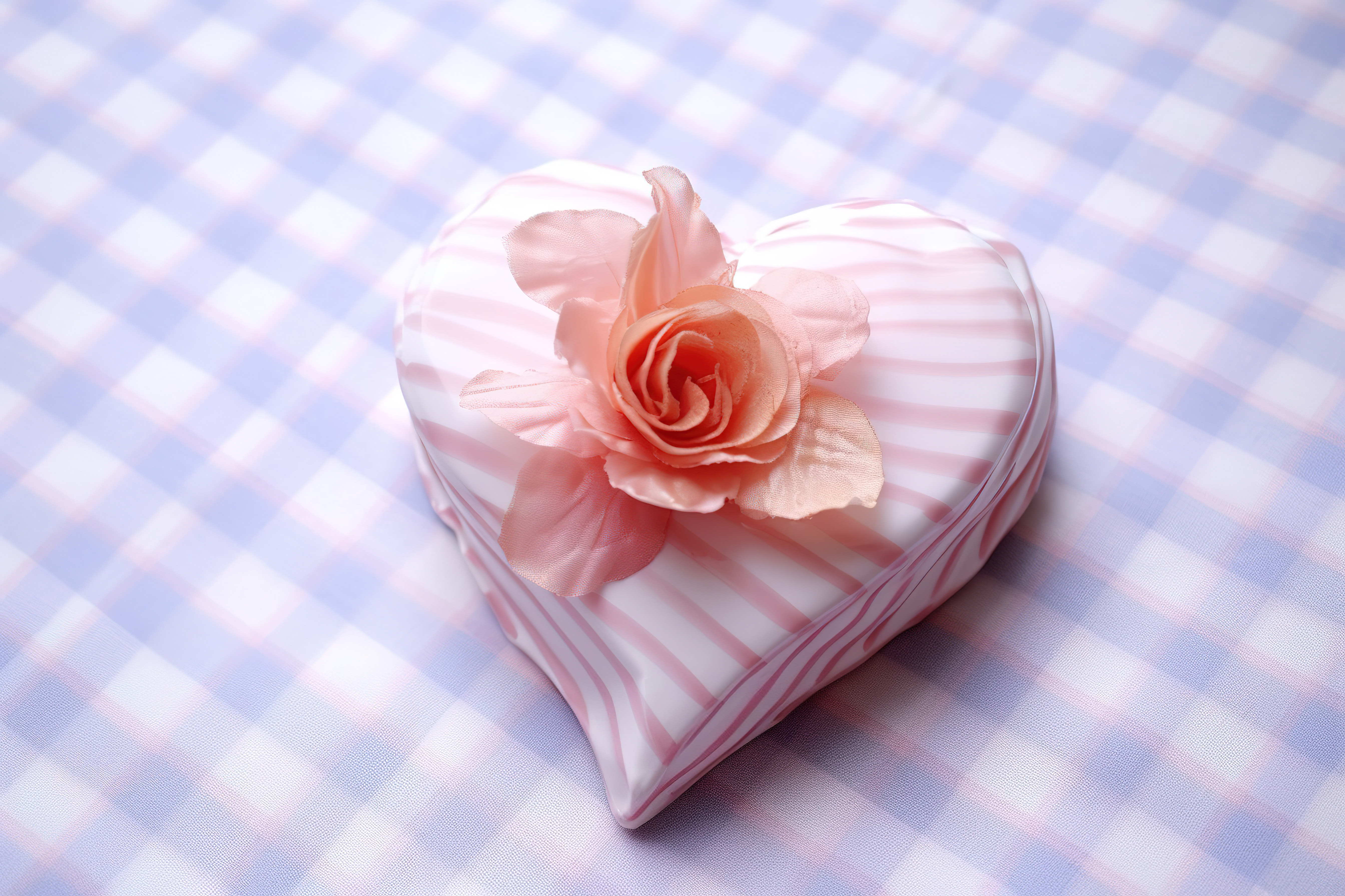 一朵心形的粉红色花朵坐落在白色格子桌布上图片