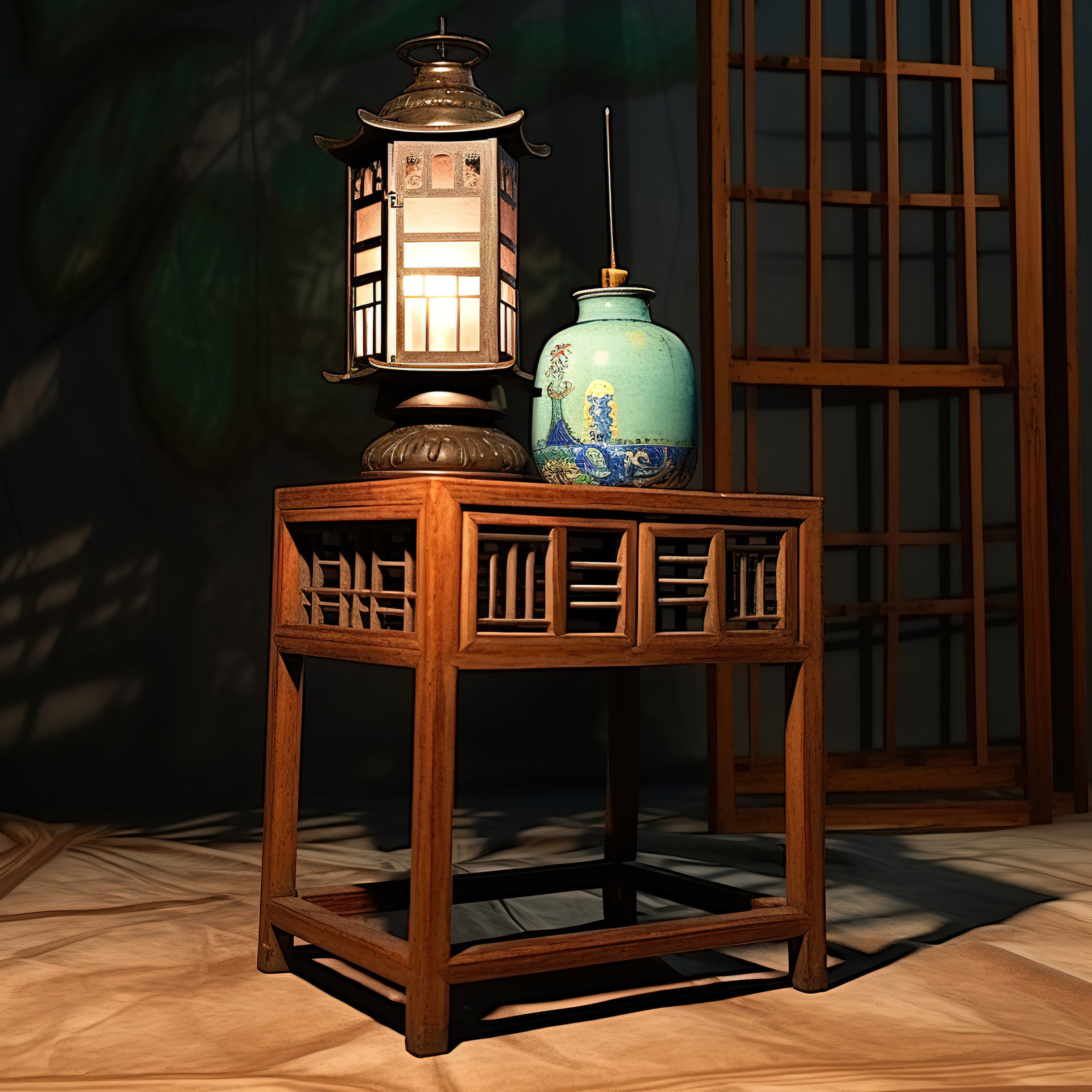 一张小桌子，旁边有蓝色罐子和灯，上面有一盏灯笼图片