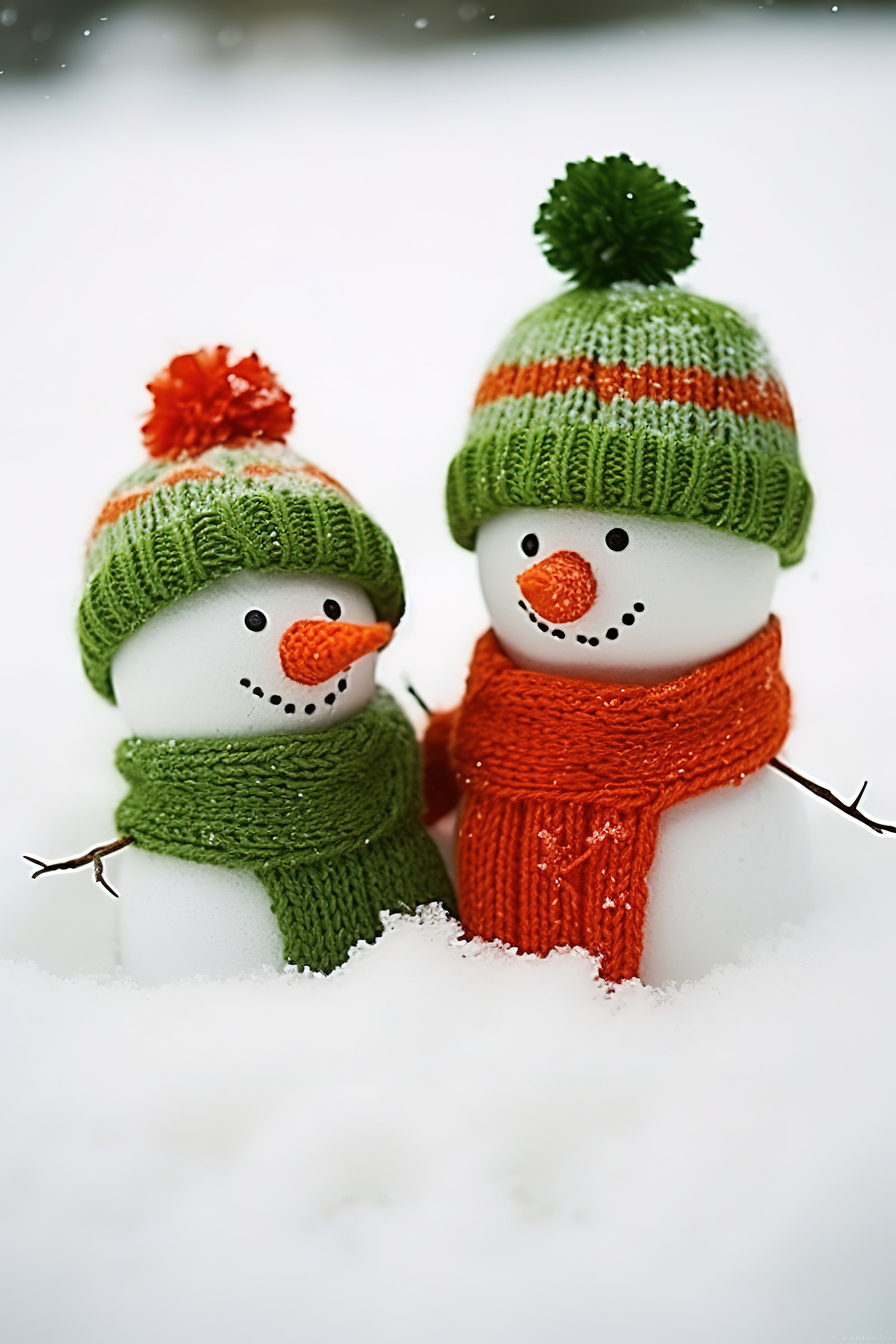 两个穿着圣诞毛衣的雪人戴着暖心帽子站在雪地里图片
