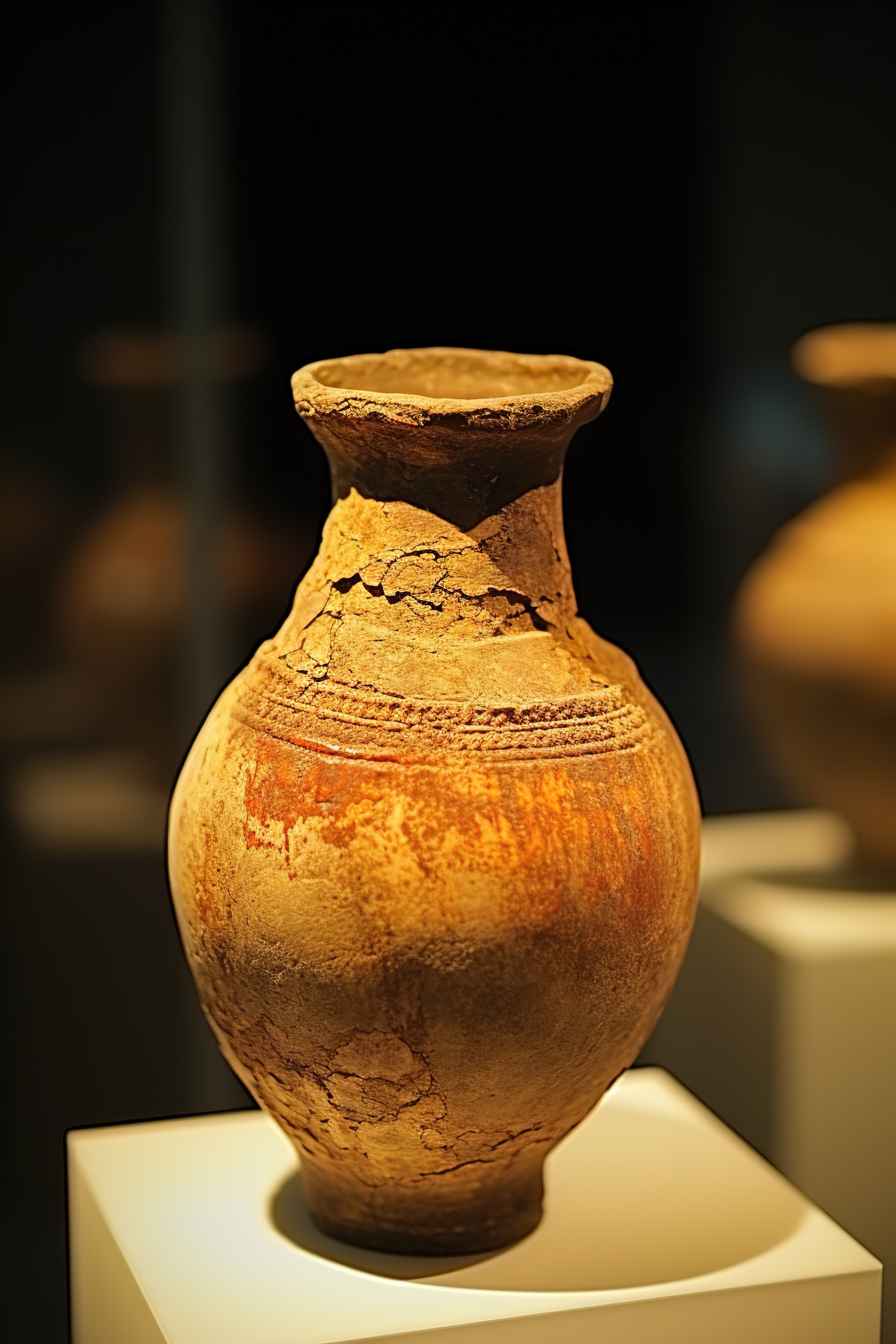 博物馆的展品上摆放着一个古老的陶器花瓶图片