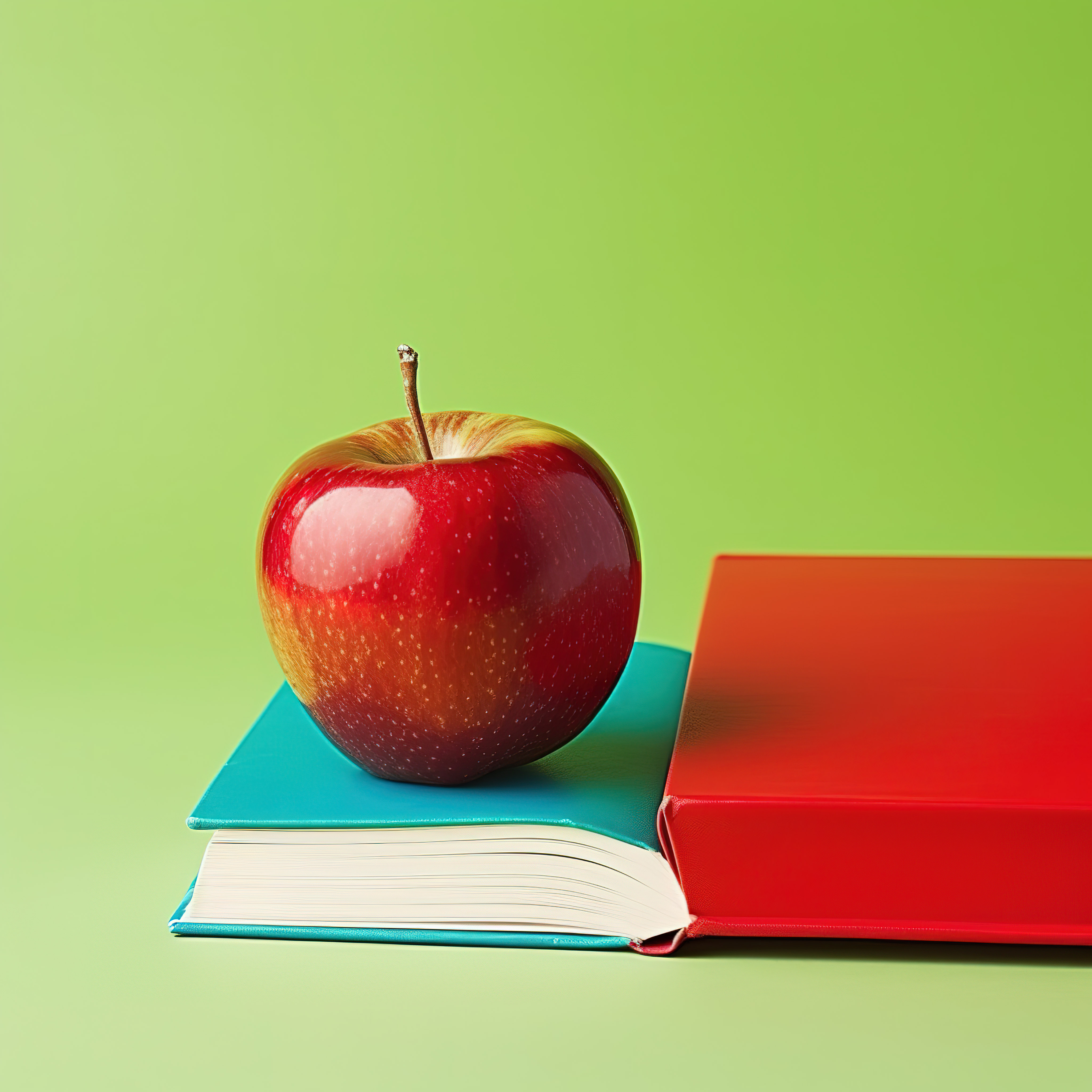 一本打开的书和绿色背景旁边的一个红苹果图片