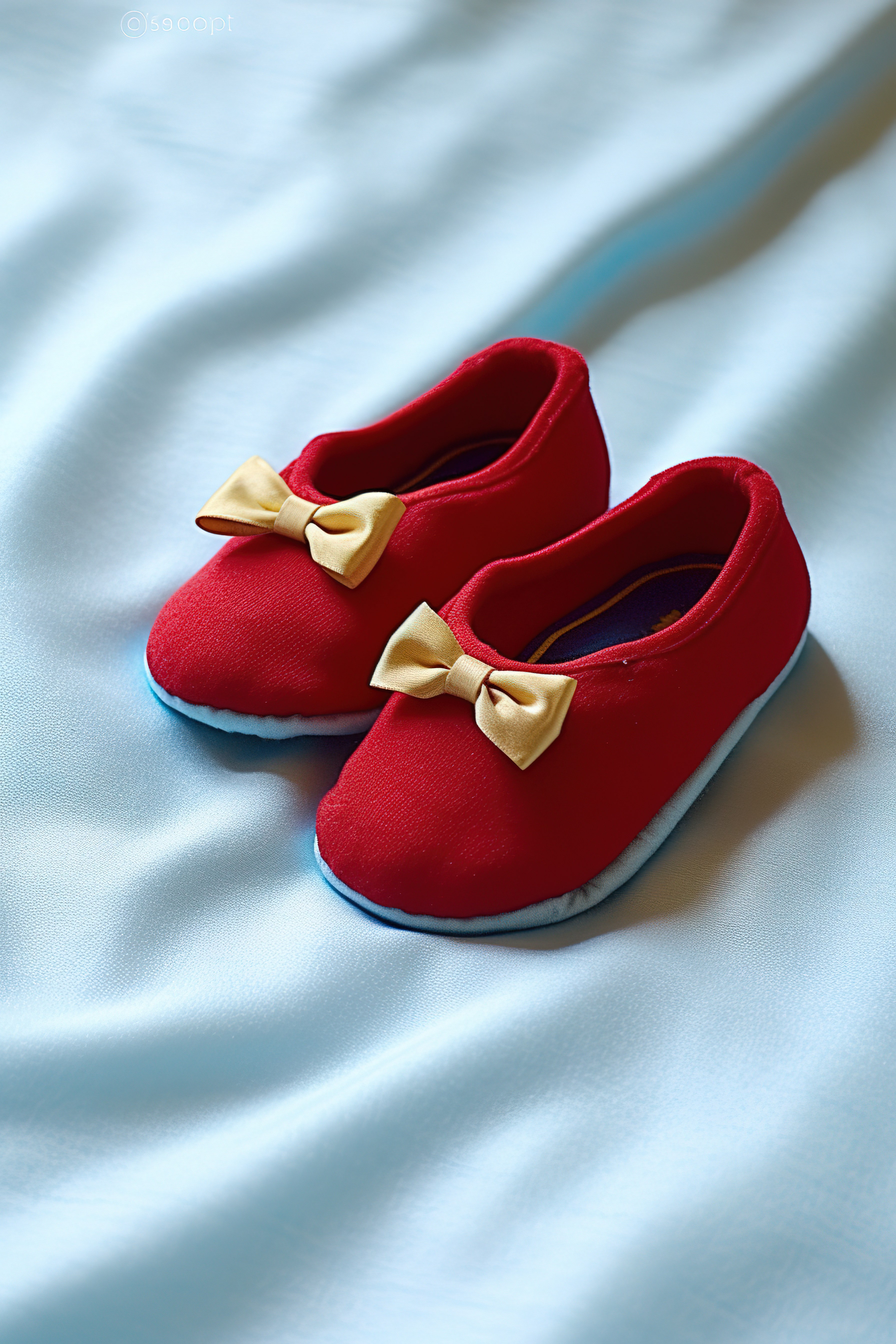 白色床单下放着一双带红色领结的婴儿拖鞋图片
