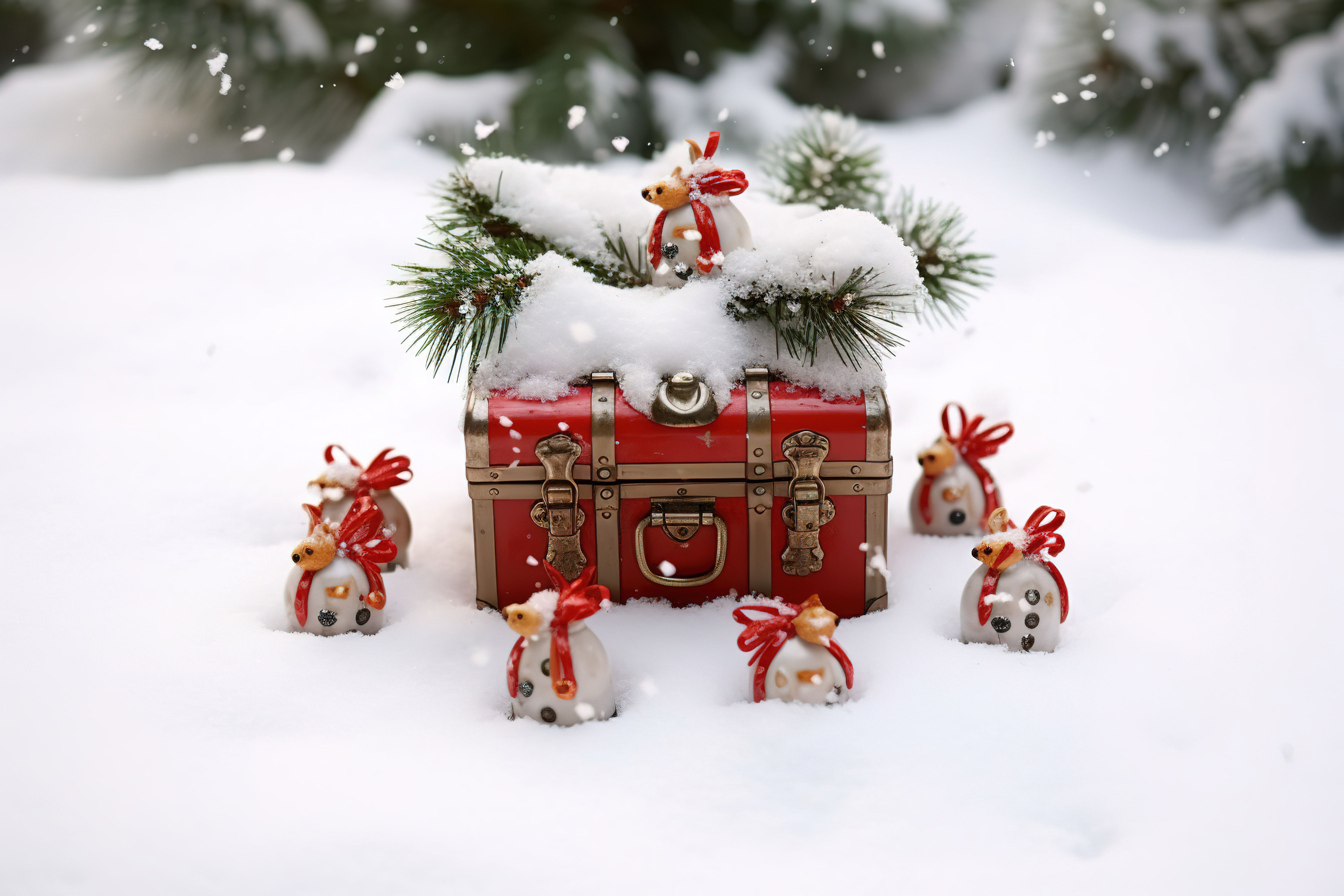 雪中​​装有圣诞饰品的柏金盒图片