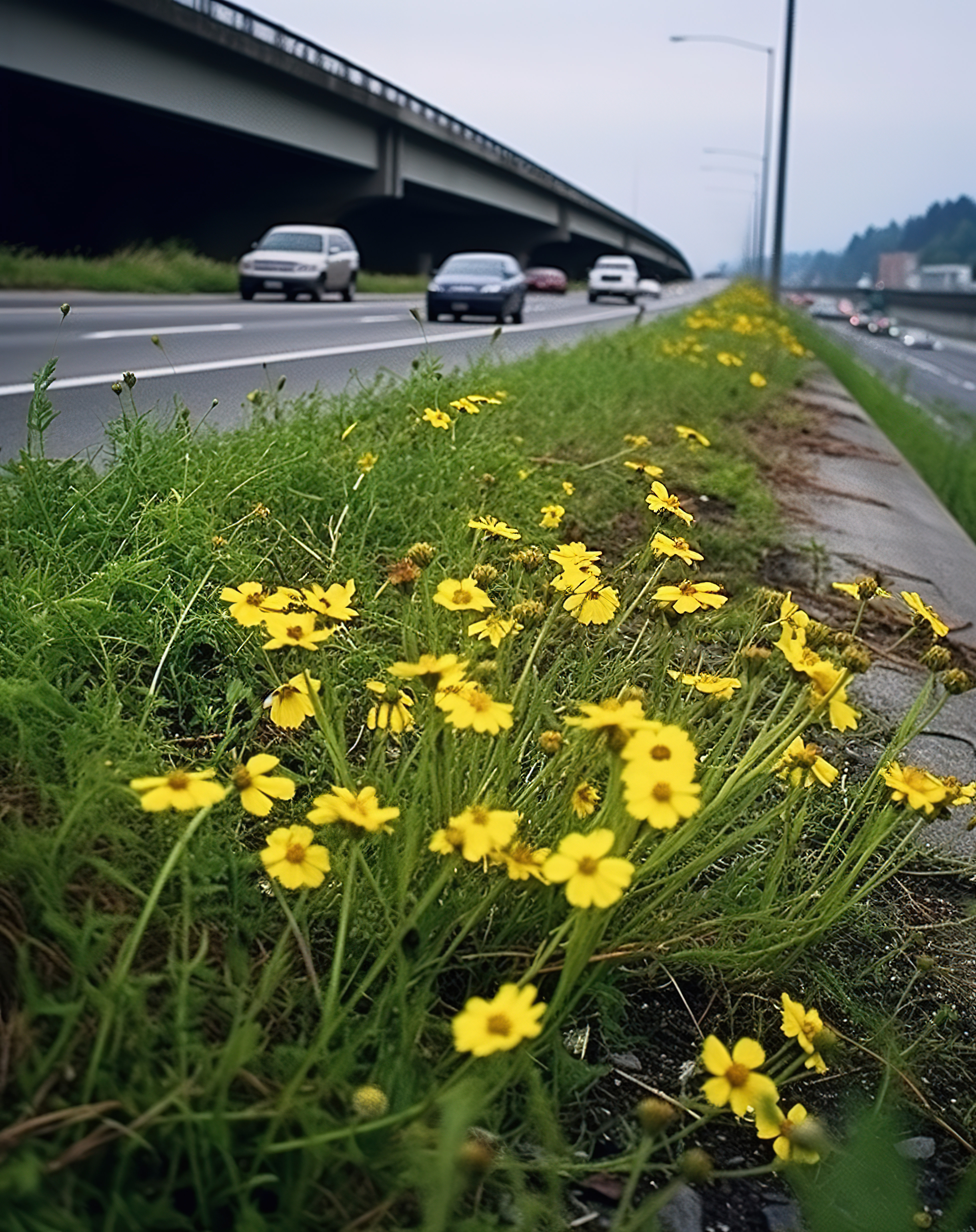 高速公路上盛开的黄色花朵图片