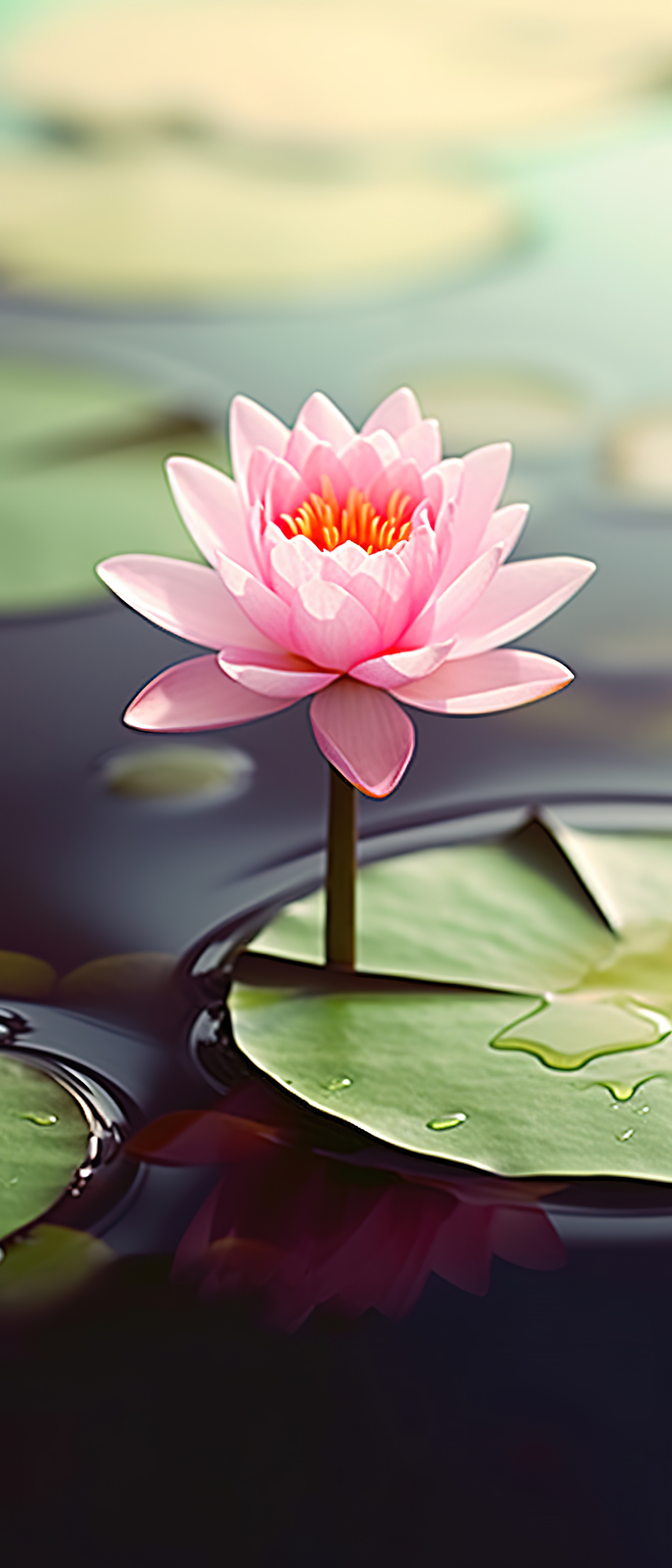 一朵粉红色的花和绿色的睡莲叶一起坐在水中图片