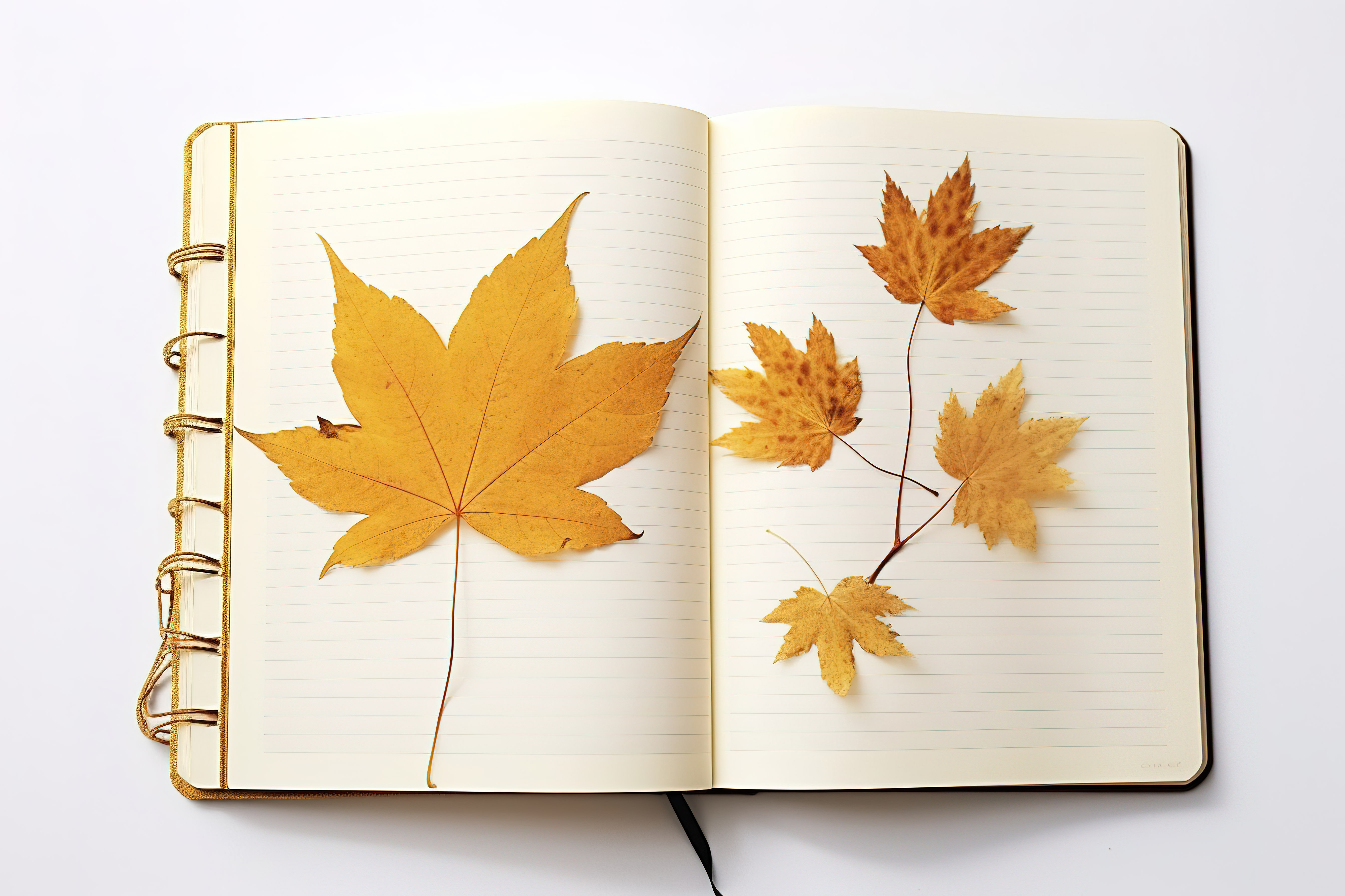 这是一本打开的笔记本，上面有不同颜色的叶子图片