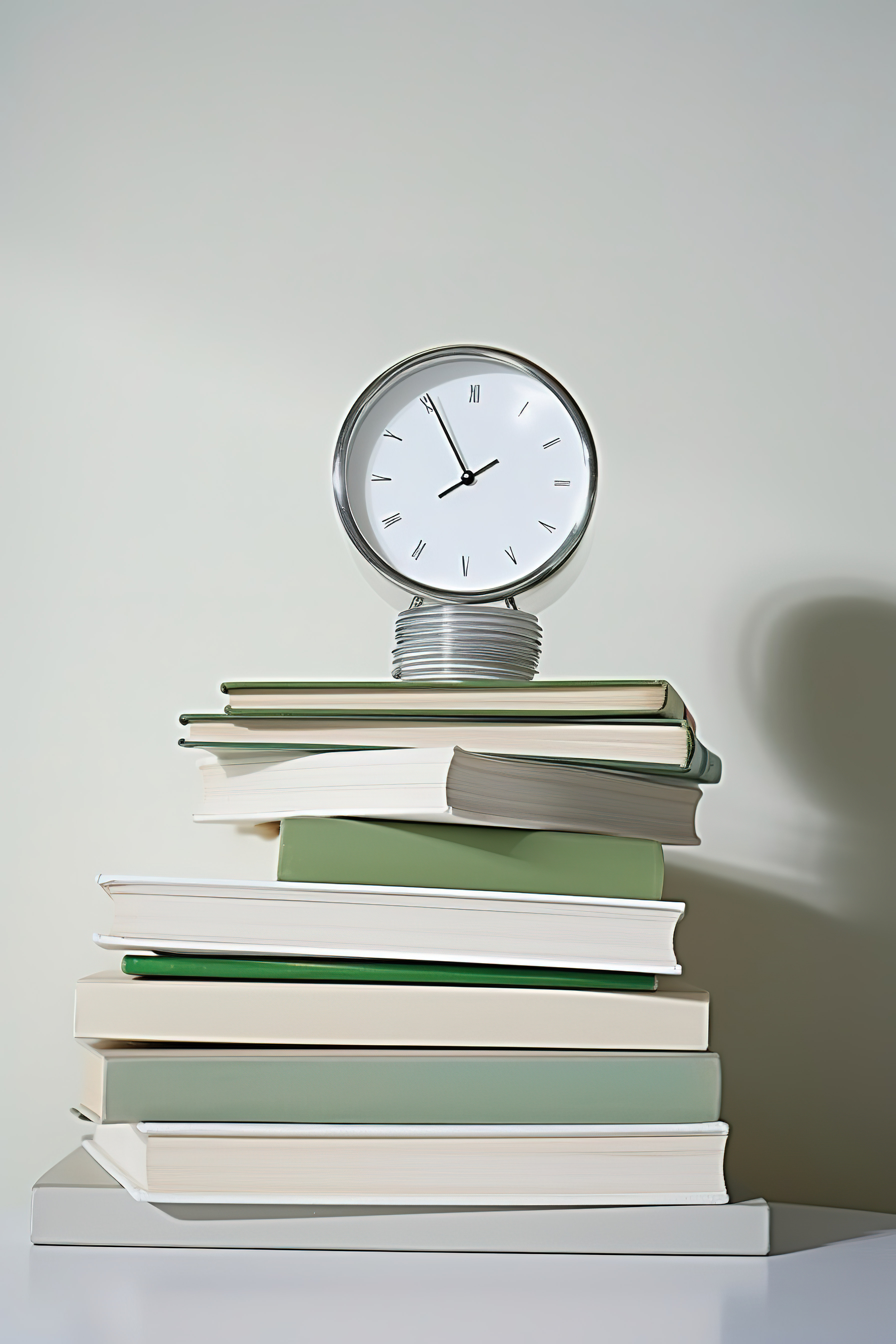 书本叠放在一起，而时钟则显示在背景中图片