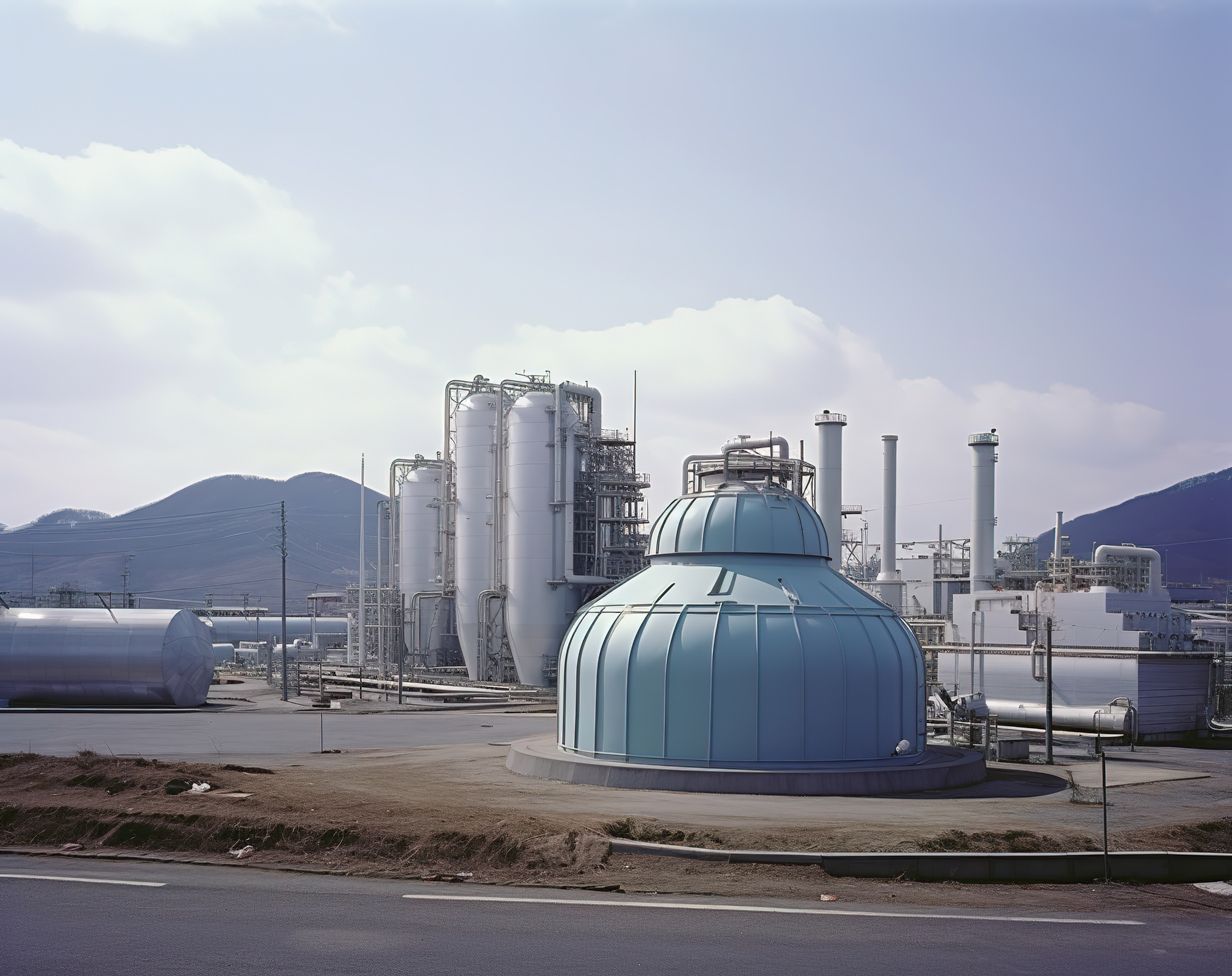 一座天然气厂，旁边有两根管道和含油的水图片