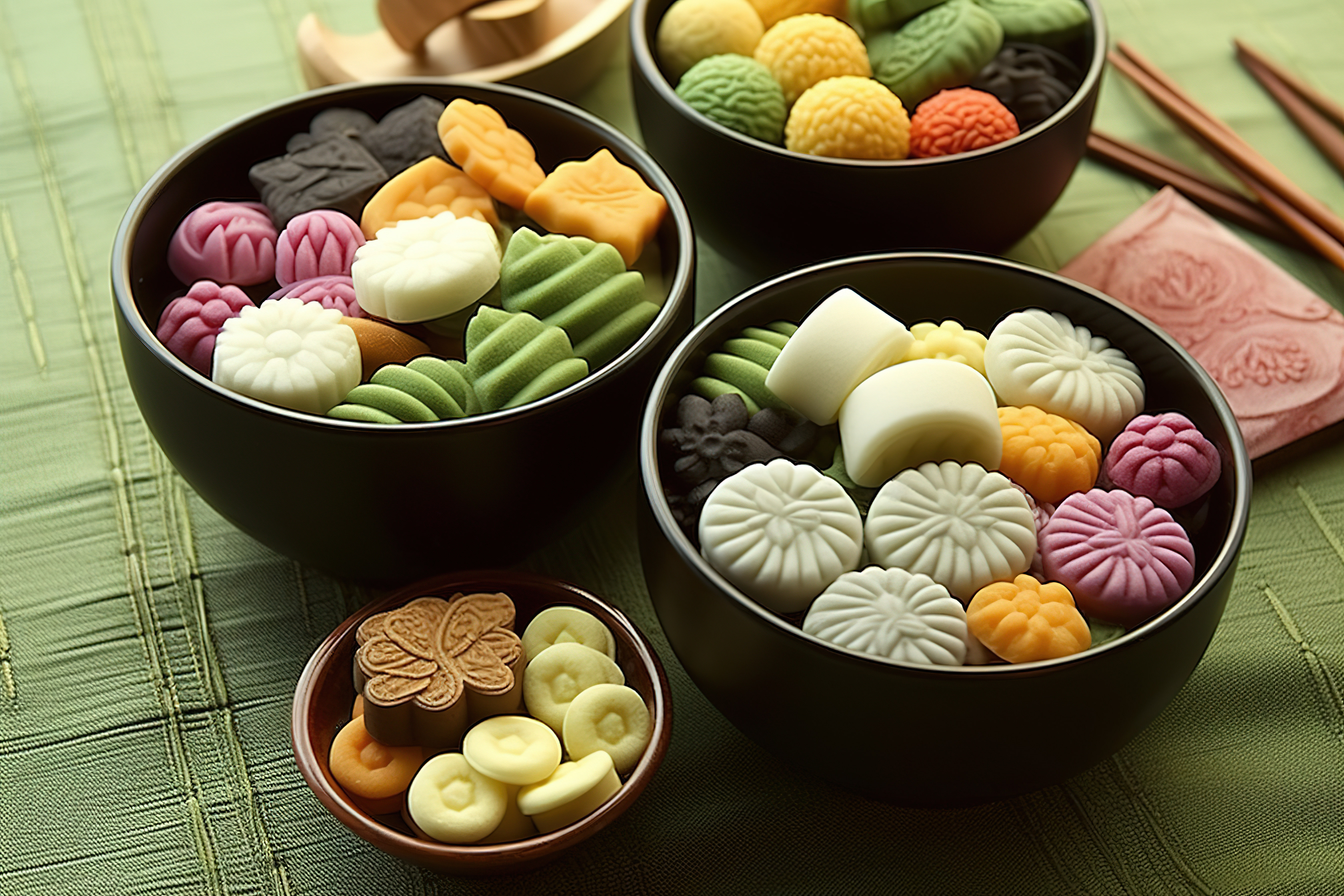 多个碗中展示了一系列亚洲咸味糖果图片