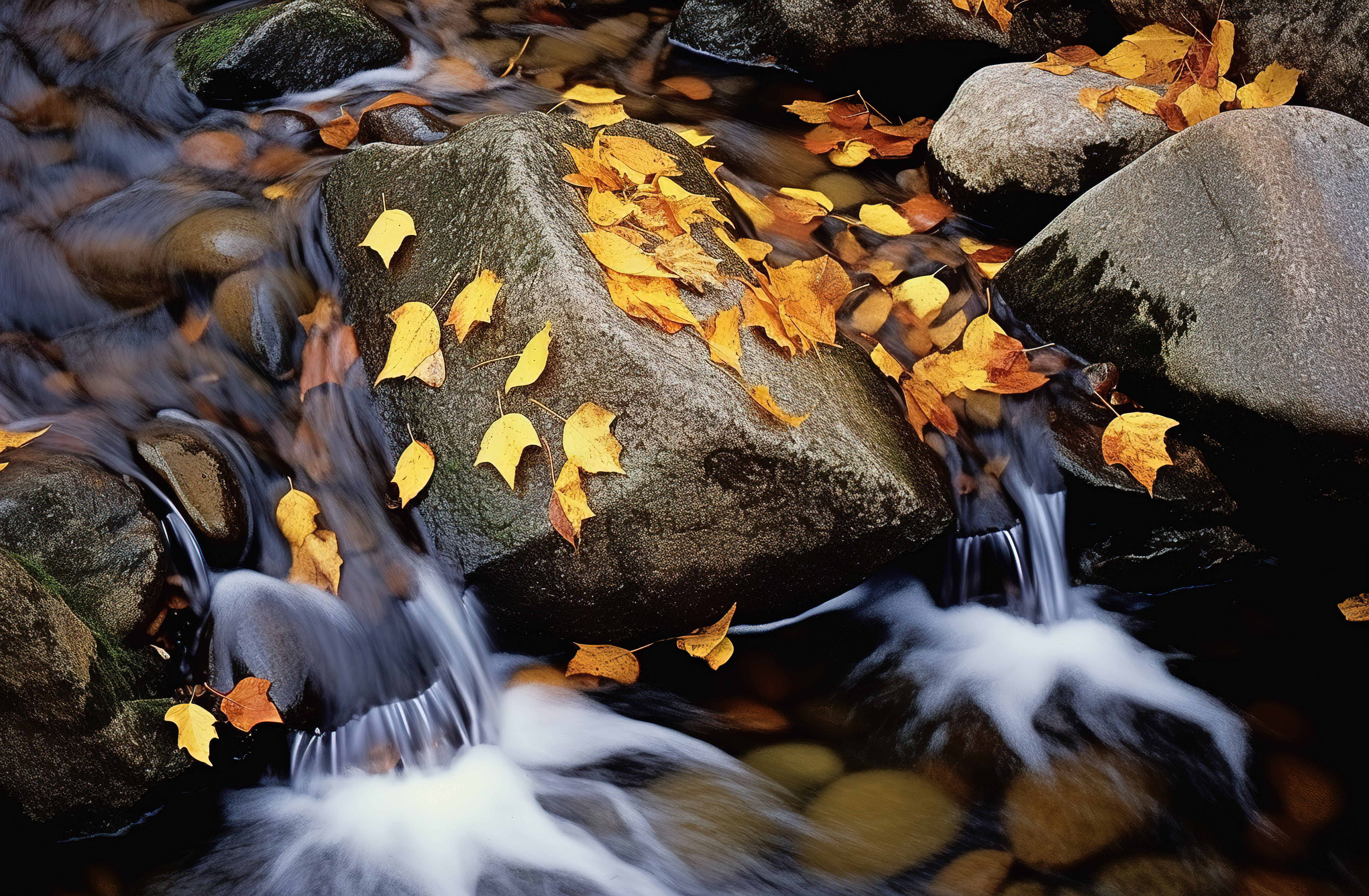 一条小溪，里面流淌着树叶和岩石图片