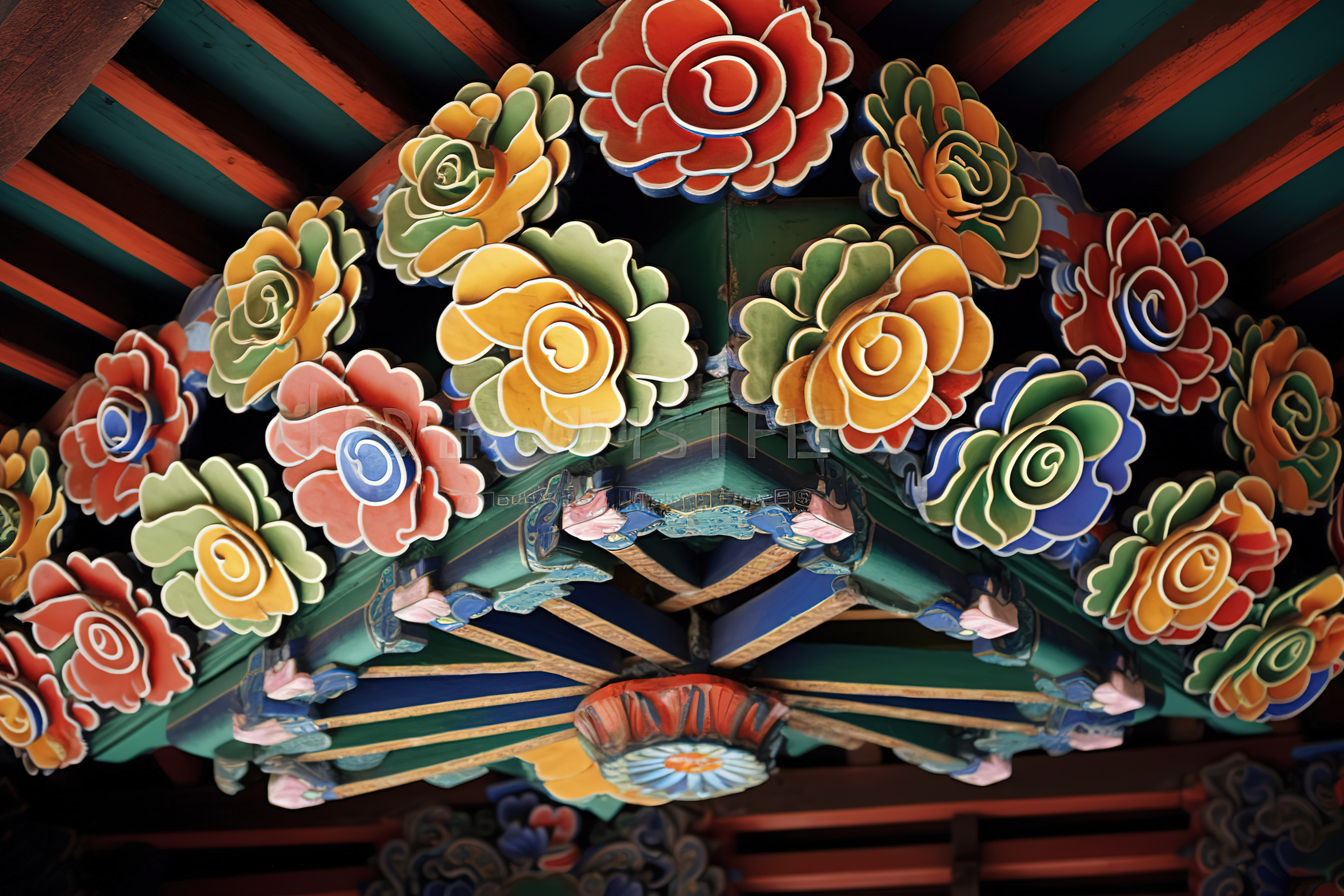 木质结构的天花板，带有花朵图案图片