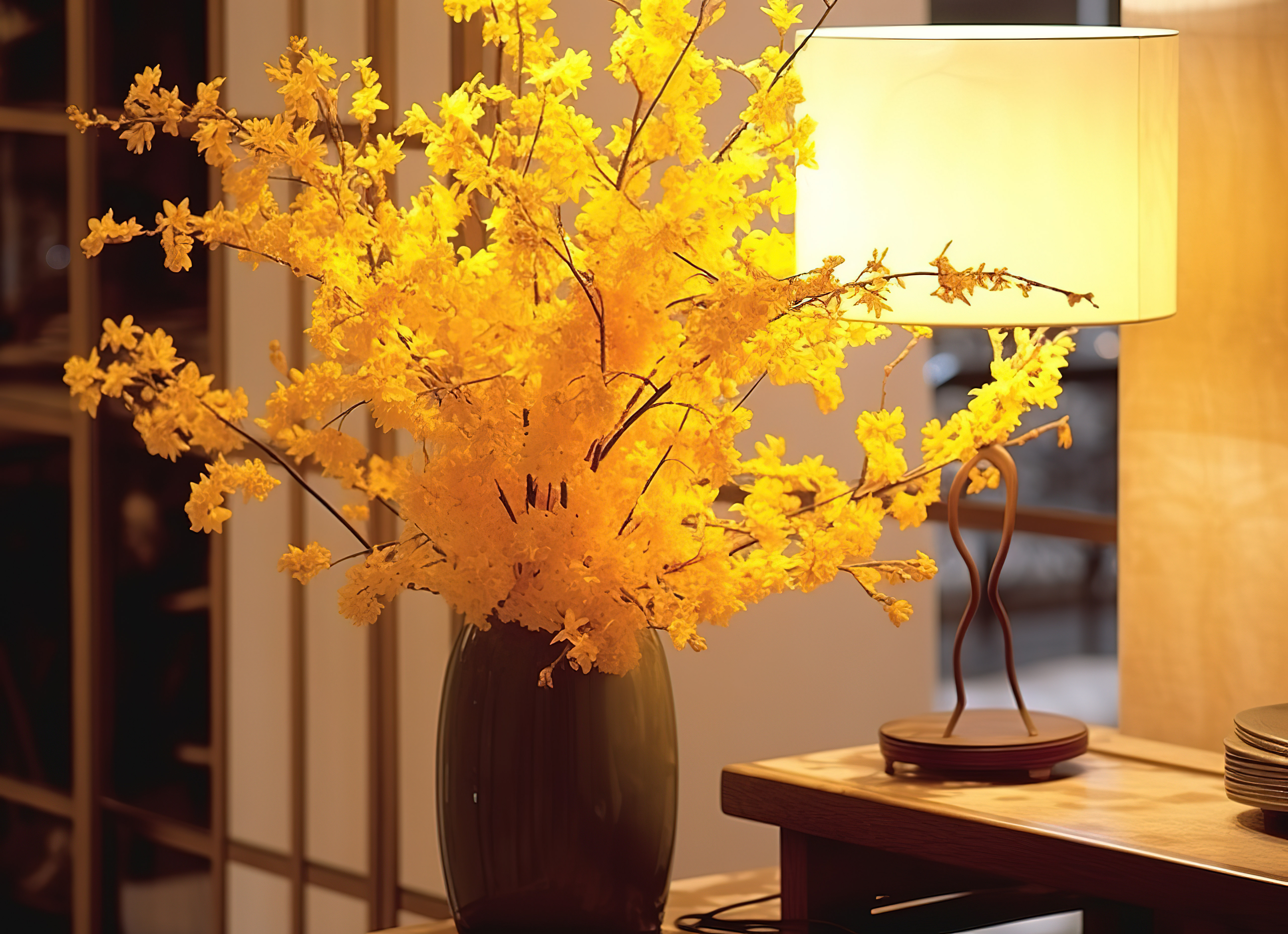 桌子上花瓶里的黄色花朵图片