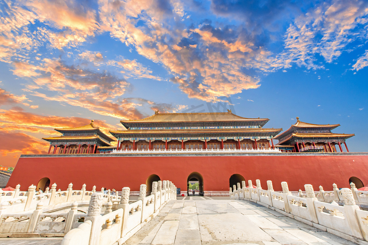 夕阳下北京故宫城门摄影图图片