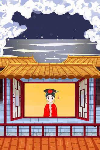 宫廷清宫楼阁妃子卡通海报