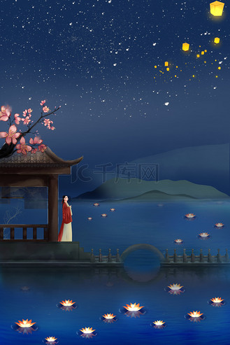 古风背景月亮图片素材_古风仰望思念故人中元节背景