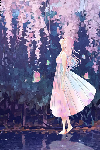 动漫美女,蝴蝶粉色唯美花开雨后