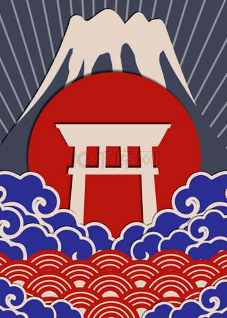 富士山日本复古蓝色