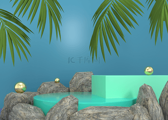 孩子照片3D素材模型_蓝色背景3d指挥台有岩石热带植物的优质照片