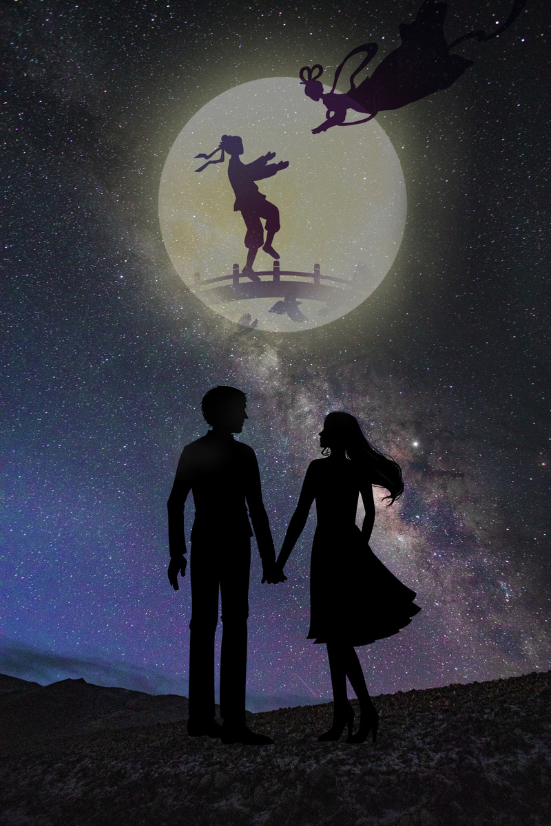 夜空星空七夕情人节情侣牵手对视牛郎织女月亮鹊桥图片
