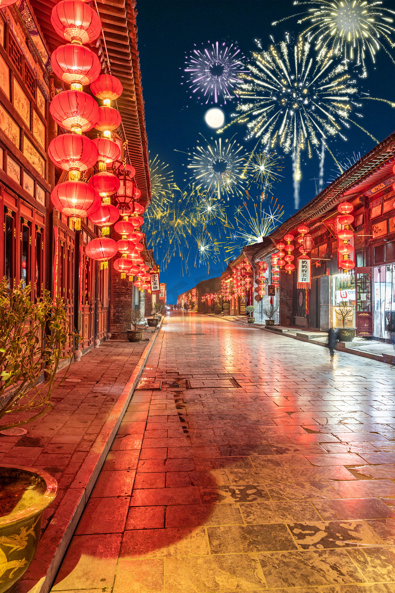 中秋国庆双节晚上街景夜景户外烟花明月摄影图配图图片