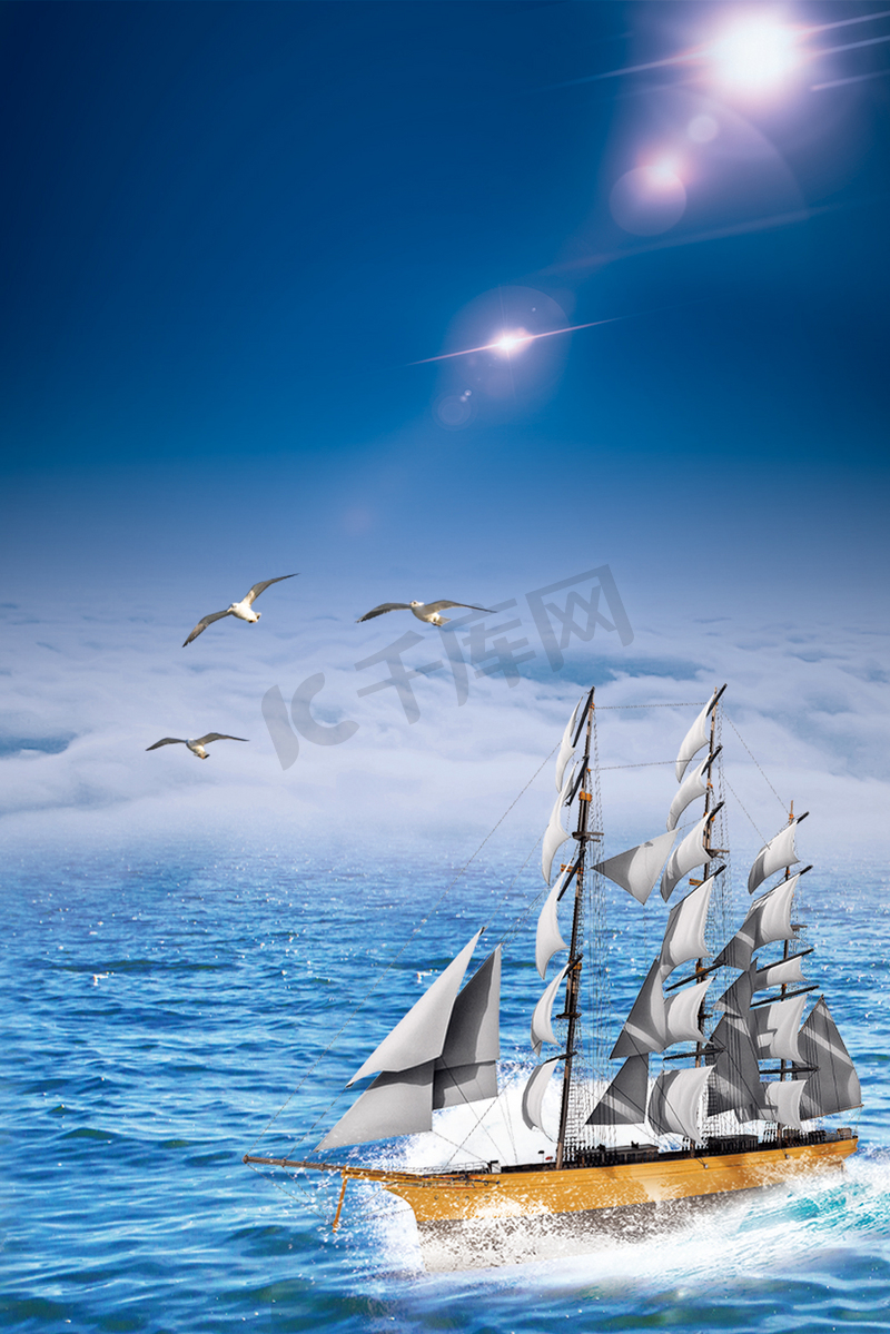 企业文化乘风破浪帆船海鸥白天帆船大海航行摄影图配图图片