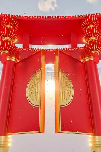 开工大吉大门红色中国风c4d模型