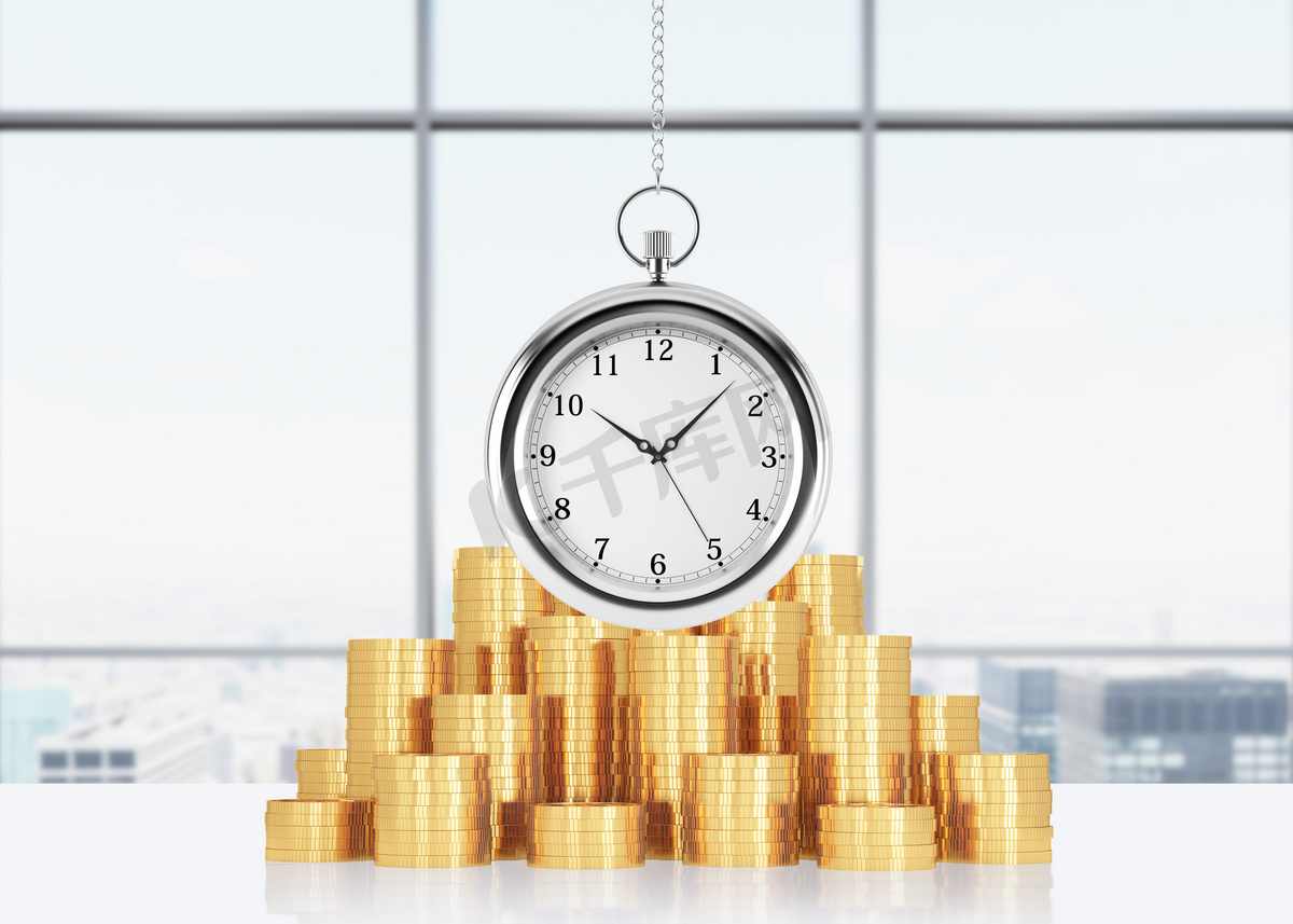 A composition of golden coins and hanging on the chain pocket watch. New York panoramic office on background. A concept of time is money or a value of time in business. 3D rendering.图片