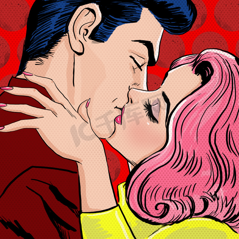 波普艺术接吻 Couple.Love 波普艺术插图的接吻 Couple.Pop 艺术爱。情人节明信片。好莱坞电影里的场景。真正的爱。第一次接吻。电影海报。漫画书的爱。漫画的第一个吻.图片
