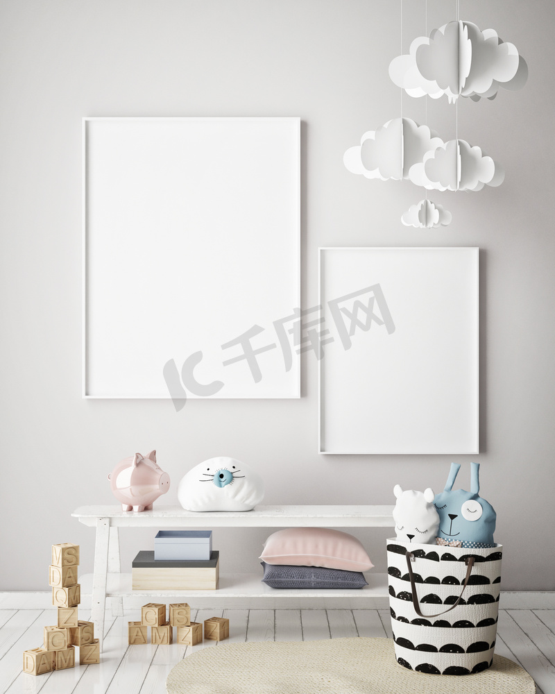 小样在孩子的卧室，斯堪的纳维亚风格室内背景，3d 渲染帧海报图片