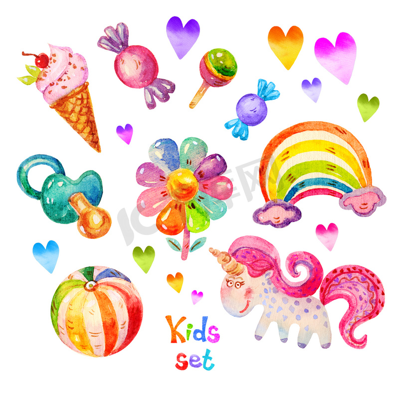 Colorful Watercolor kids set in cartoon childish toys stile of unicorn, pacifier, heart, ball, flower, candy, ice cream, rainbow icons. Hand drawing cute watercolor kids set icon illustration isolated on white background. 图片