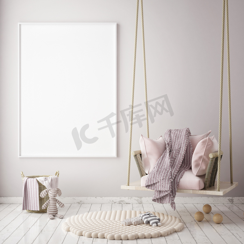 小样在孩子的卧室，斯堪的纳维亚风格室内背景，3d 渲染帧海报图片