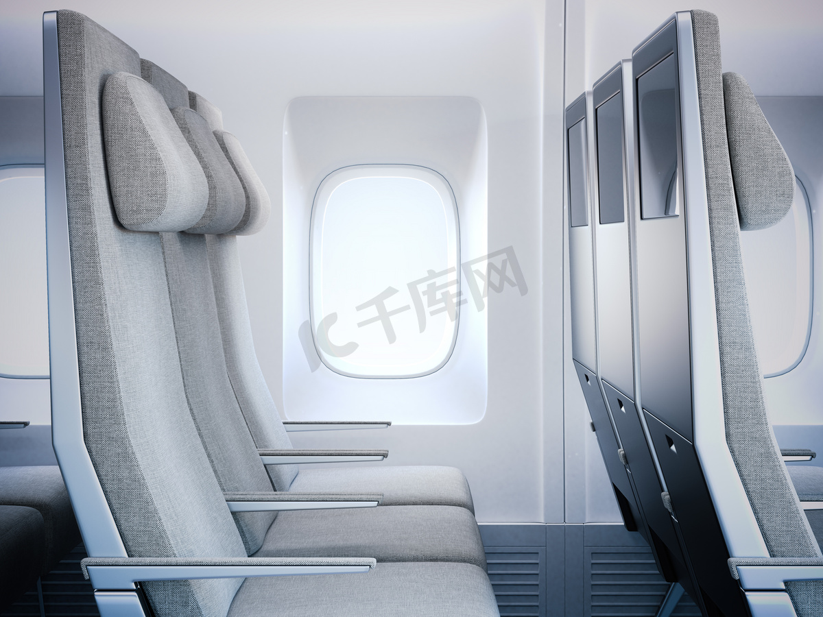 在船舱里的灰色飞机座椅。3d 渲染图片