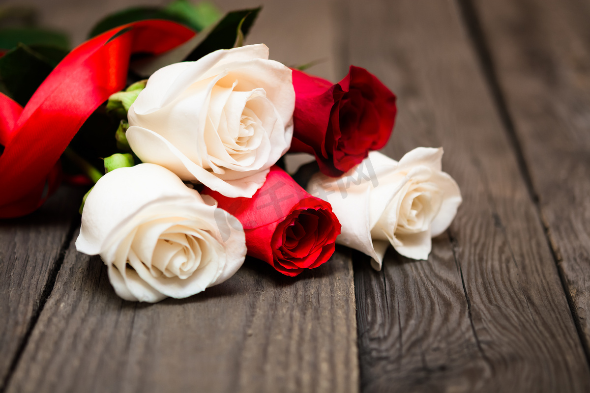 Red and white roses on a dark wooden background. Women' s day, V图片