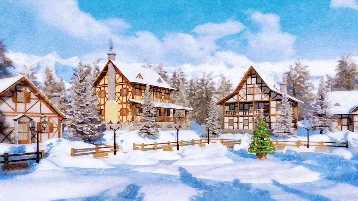水彩画风格的冬季景观与装饰圣诞树广场上的雪界高山山村与半木结构的房子在白天。绘画从我的3d 渲染文件.图片