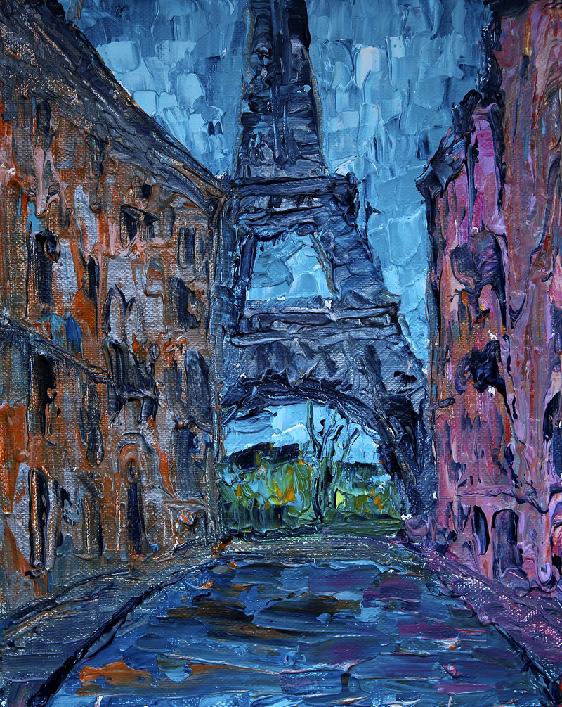 巴黎街的艺术画与埃菲尔铁塔图片