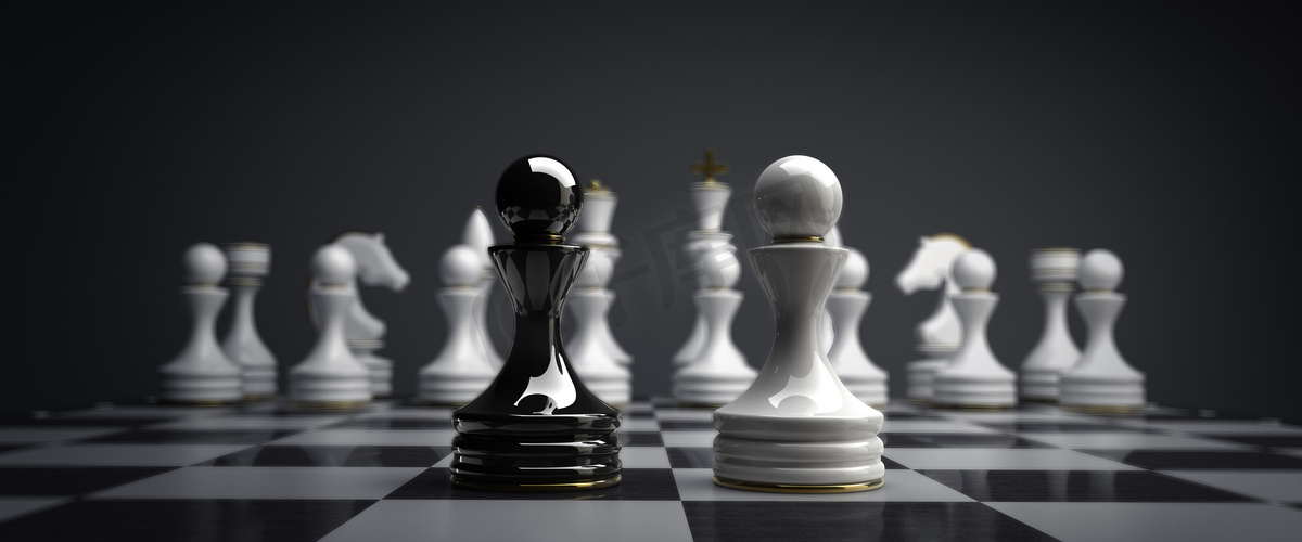 黑色 vs 白光象棋棋子背景 3d 图。高分辨率图片